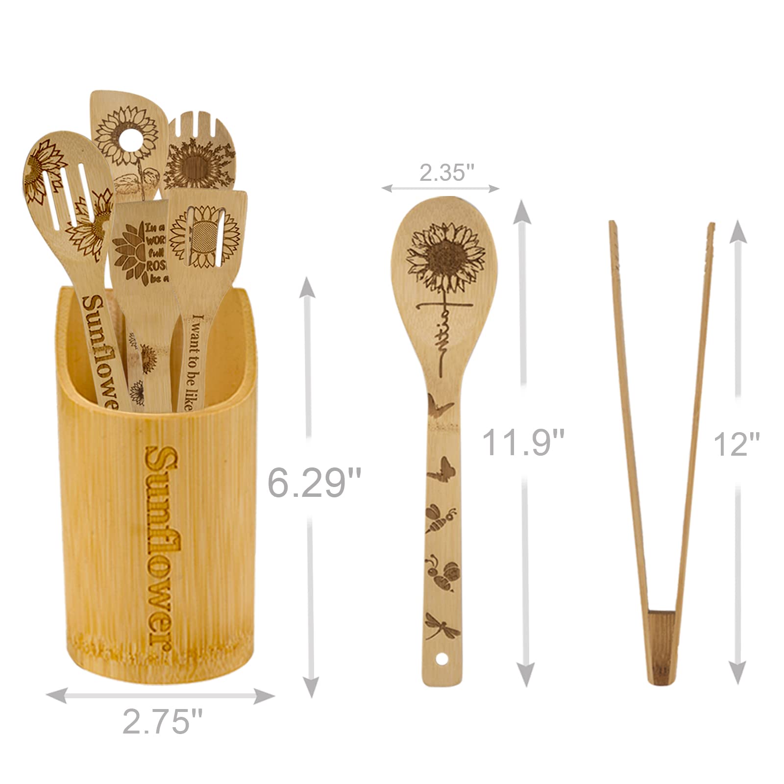 8Pcs Sunflower Wooden Cooking Spoons With Holder,Sunflower Kitchen Decor,Sunflower Gifts,Sunflower Gift For Women,Gifts For Sunf