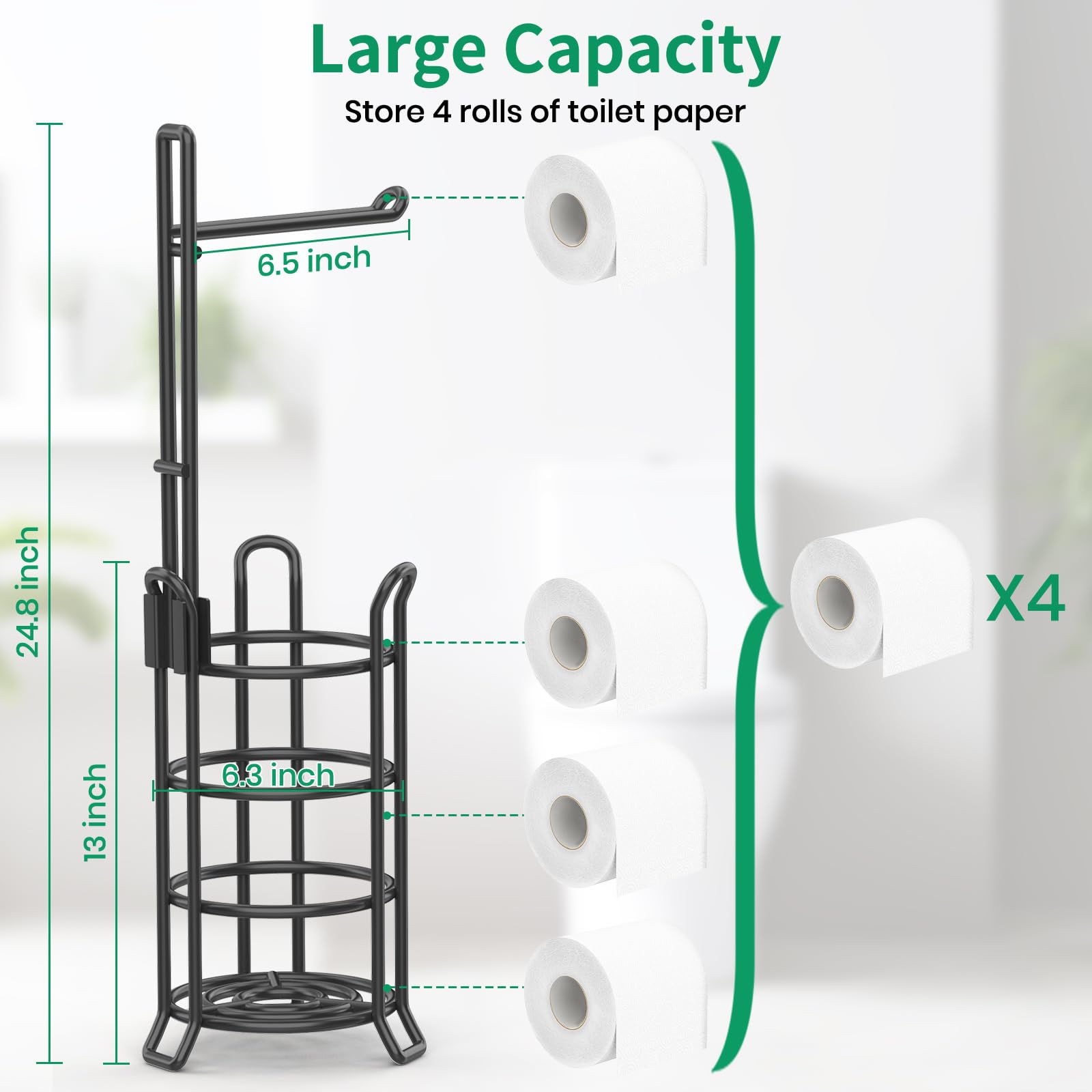 TomCare Toilet Paper Holder Toilet Paper Stand and Dispenser for 3 Spare Rolls Metal Wire Free-Standing Toilet Tissue Paper Roll Storage Shelf Bathroom Accessories Storage Organizer Black