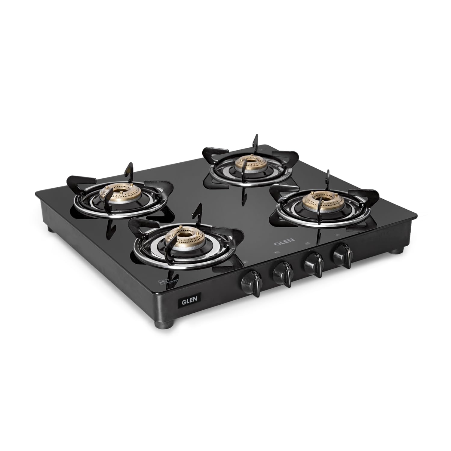 Glen 4 Burner Lpg Gas Stove | 6Mm Thick Toughened Glass Top | Brass Burner | Isi Certified | Black | Drip Trays | 360 Revolving 