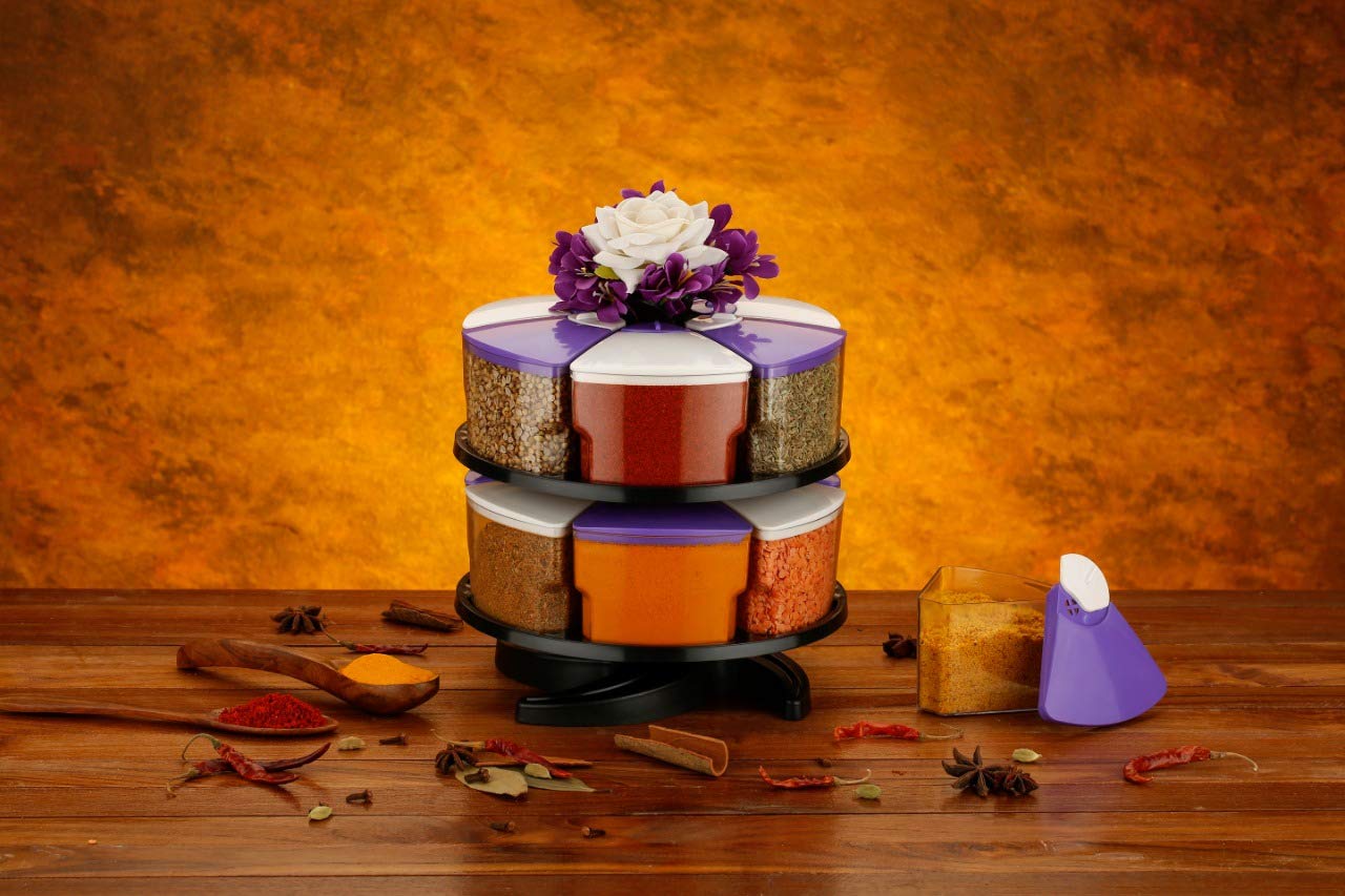 C V 360 Degree Revolving Round Shape Transparent Pack Of 12 Jar Spice Rack/Container 2 Layer Spice Rack Purple