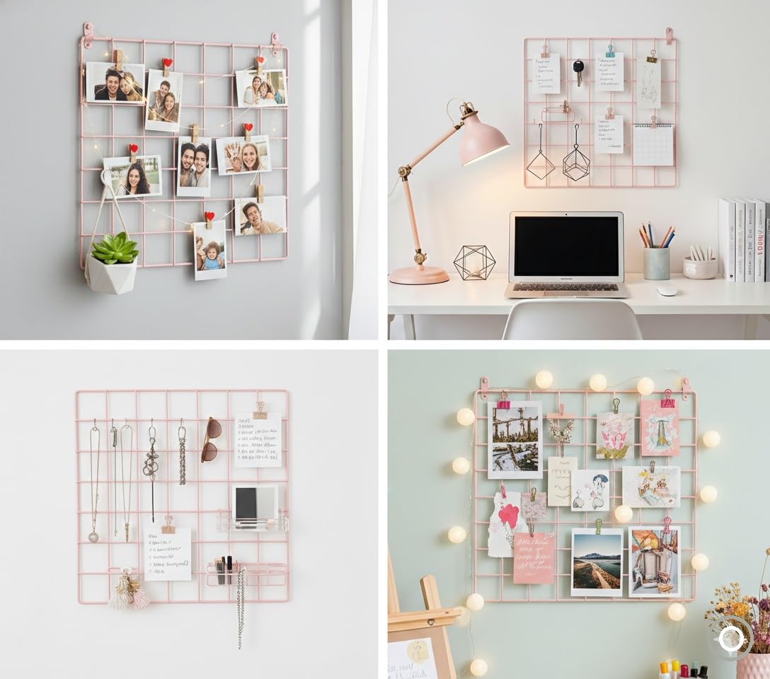 Metal Grid Wall Panel, Photo Display Board With Clips Square Mesh Frame, (Pink, 30 X 30 Cm (Pack Of 01))