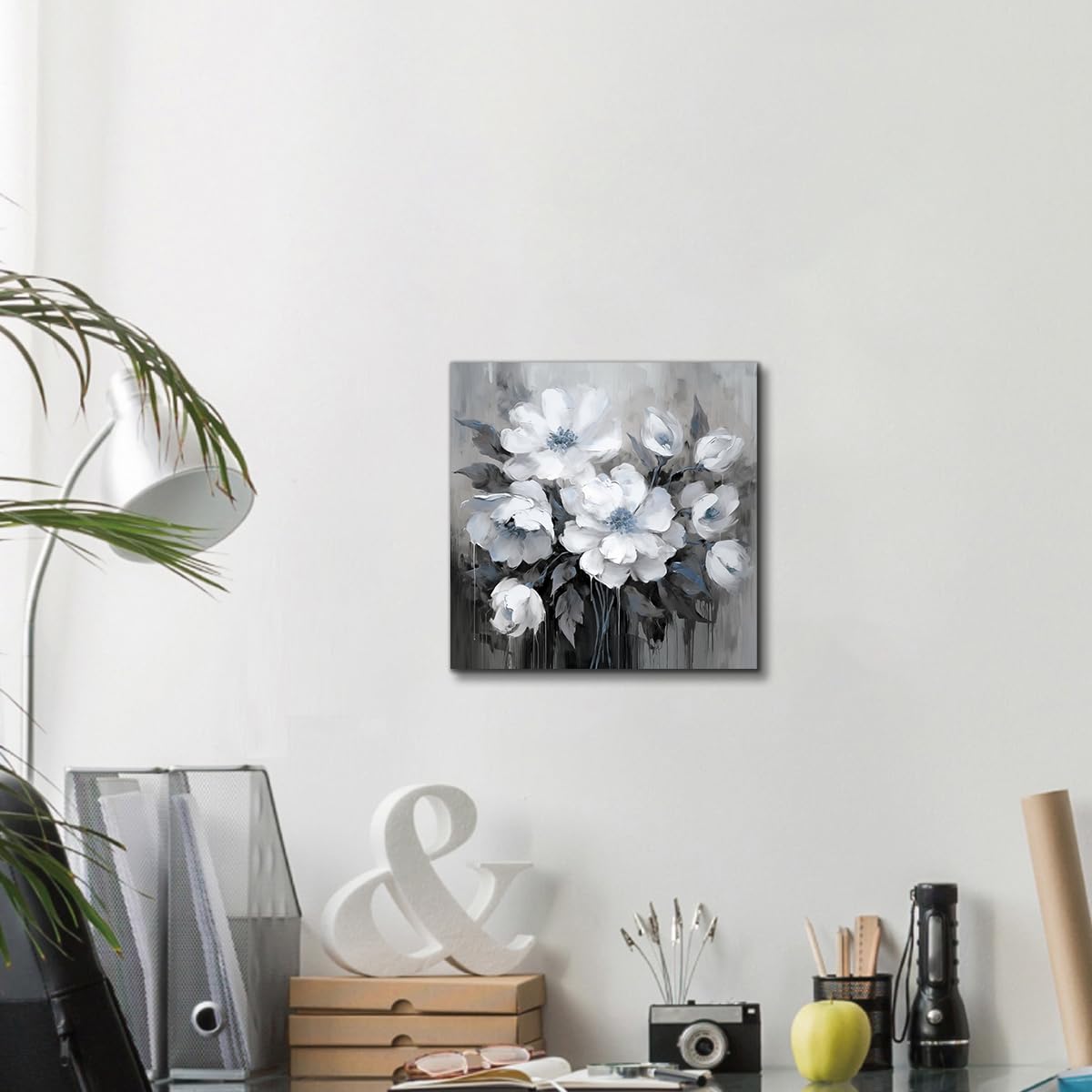 Anzhongart Bathroom Wall Art,Flower Wall Art,Canvas Wall Art,Small Wall Art Gray And White And Blue Flower Wall Art-Floral Canva