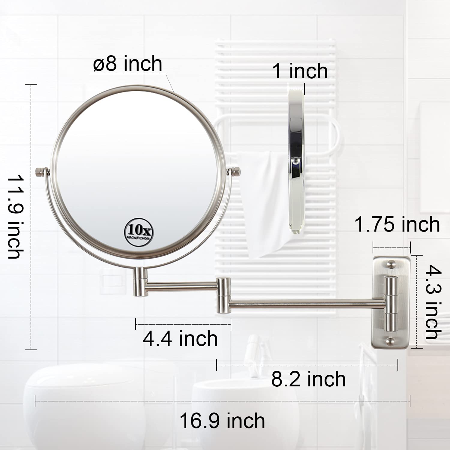 LANSI Wall Mounted Makeup Mirror  1x/10x Double-Side Magnifying Mirror 8 Inch Vanity Mirror  360