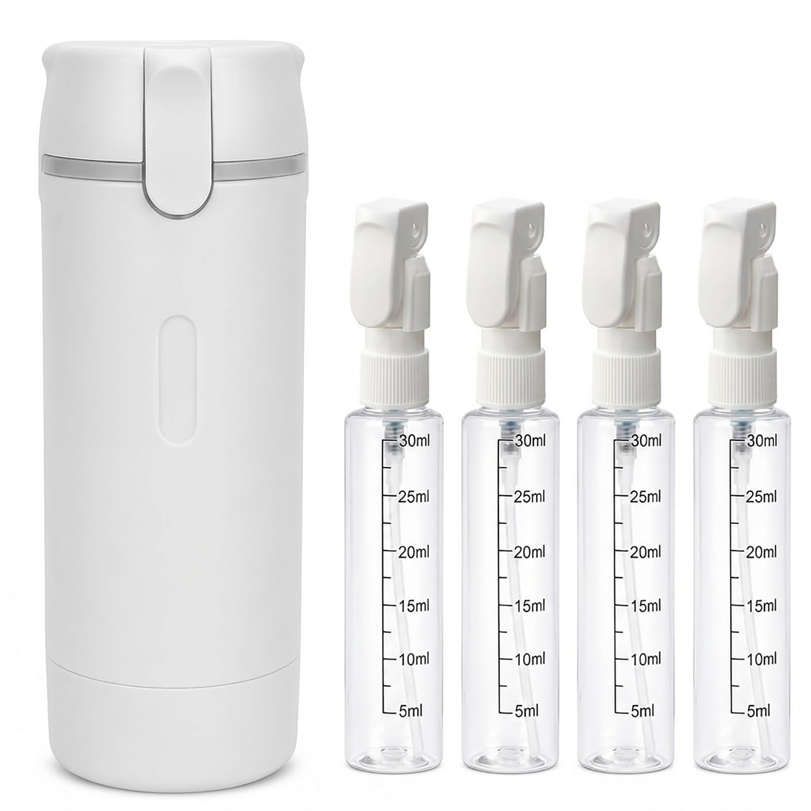 Denash 4 in 1 Travel Dispenser Bottle, Portable Leak Proof Travel Containers, Refillable Pump Bottles with Clear Scale & Label f