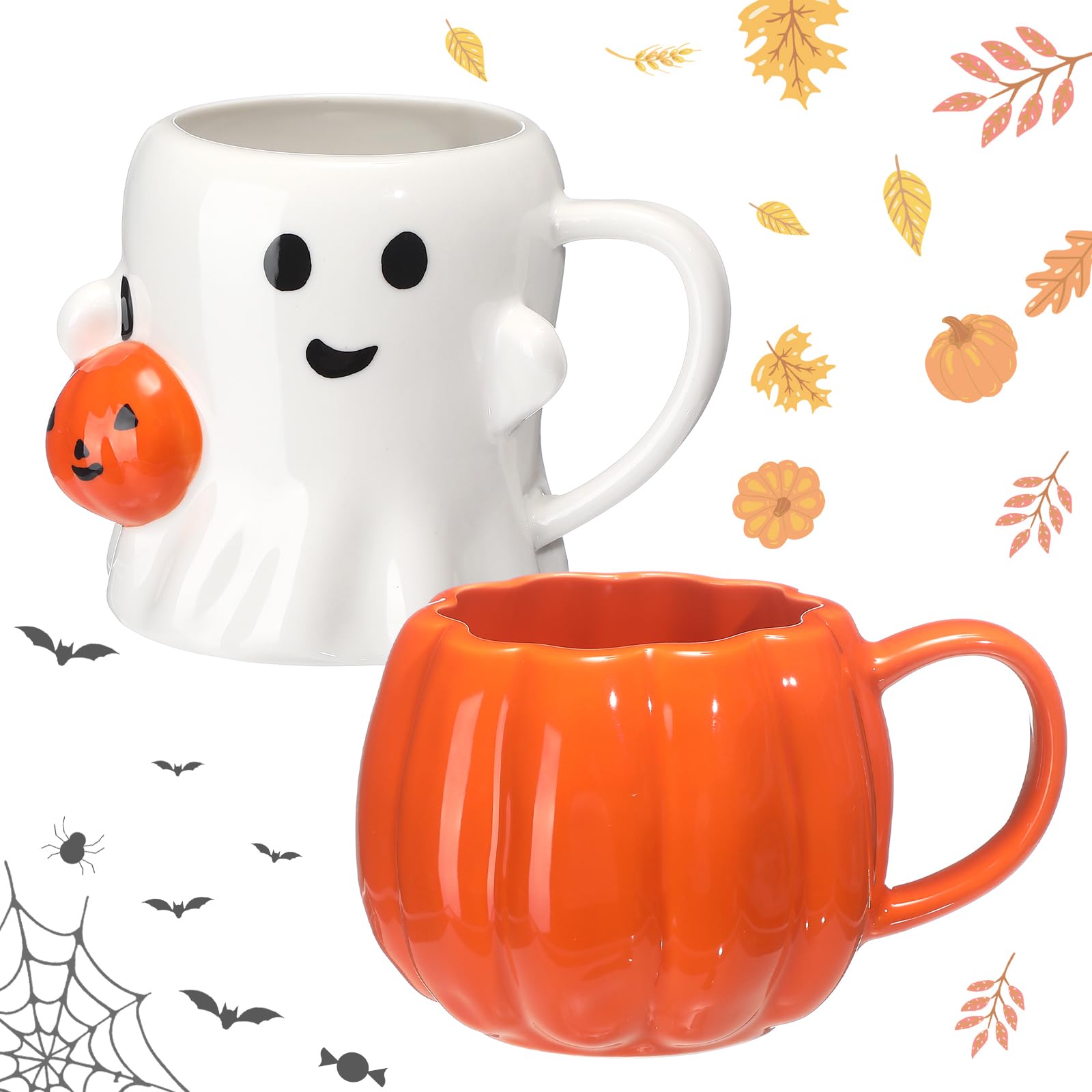 LemonRoad 2 Pcs 14 oz Halloween Ceramic Mugs, 3D Ghost Pumpkin