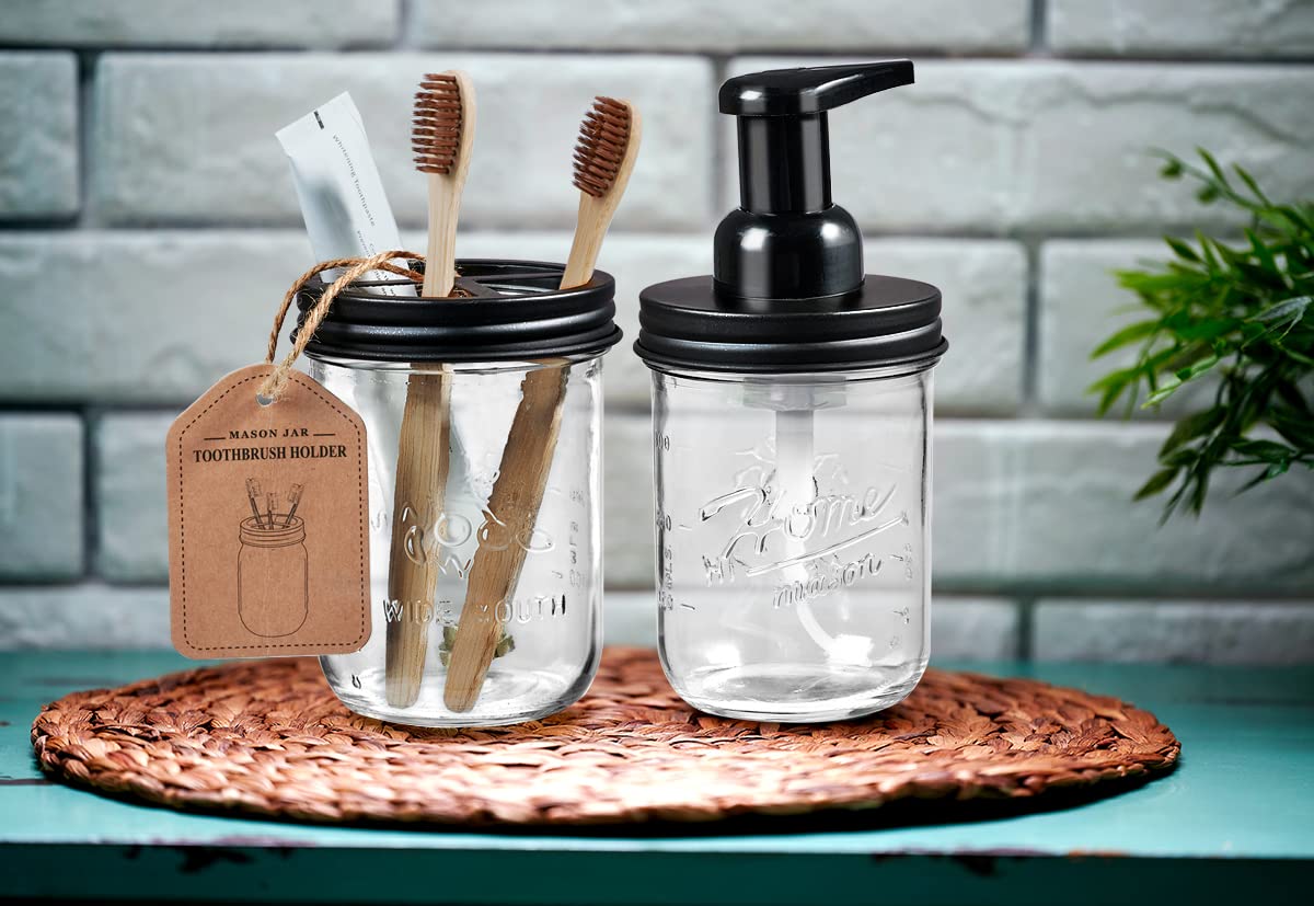 Mason Jar Toothbrush Holder - Premium Rustproof 304 Stainless Steel Lid - Holds 2 Toothbrushes and Toothpaste - Rustic Farmhouse Decor Countertop and Vanity Storage Organizer/Black