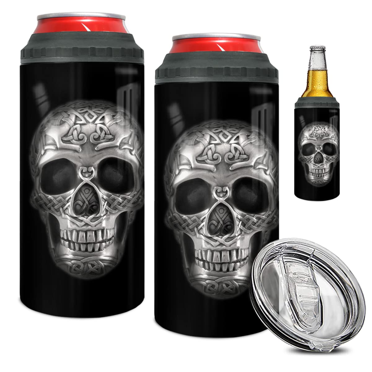 winorax Skull Tumbler 4in1 Can Cooler Skulls Coffee Travel Mug Cup 12oz Stainless Steel Insulated With Lid Inspirational Skull