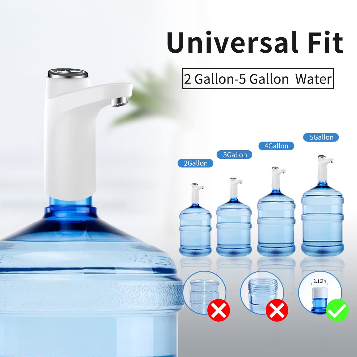 BIMVER Water Dispenser for 5 Gallon Bottle  DIY Quantitative Water Pump 3 Colors Power Light Portable USB Charging Bottle Pump Multipurpose Dispenser for Home Camping for 2-5 Gallon  White