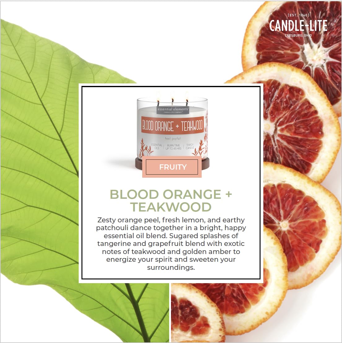 Essential Elements by Candle-lite Scented Candles, Blood Orange & Teakwood Fragrance, One 14.75 oz. Three-Wick Aromatherapy Cand