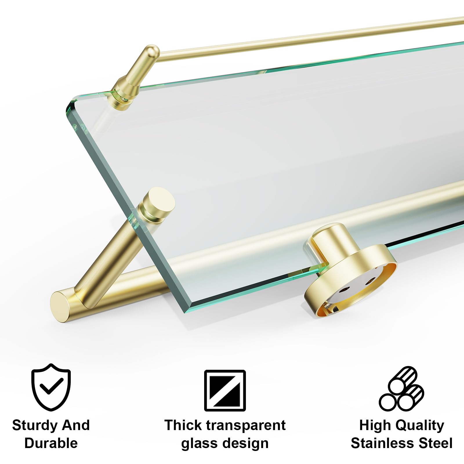 Glass Bathroom Shelf With Towel Bar,24-Inch Brushed Gold Stainless Steel Glass Shelves For Bathroom With Towel Holder Rectangula