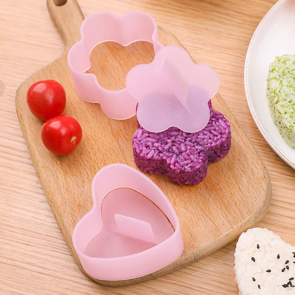 AYCCNH Non Stick Onigiri Mold Triangle  Heart  Bear and Plum Blossom Shaped Rice Ball Press Molds  Creative Sushi Rice Making Kit  With Small Rice Paddle (4 Pieces)