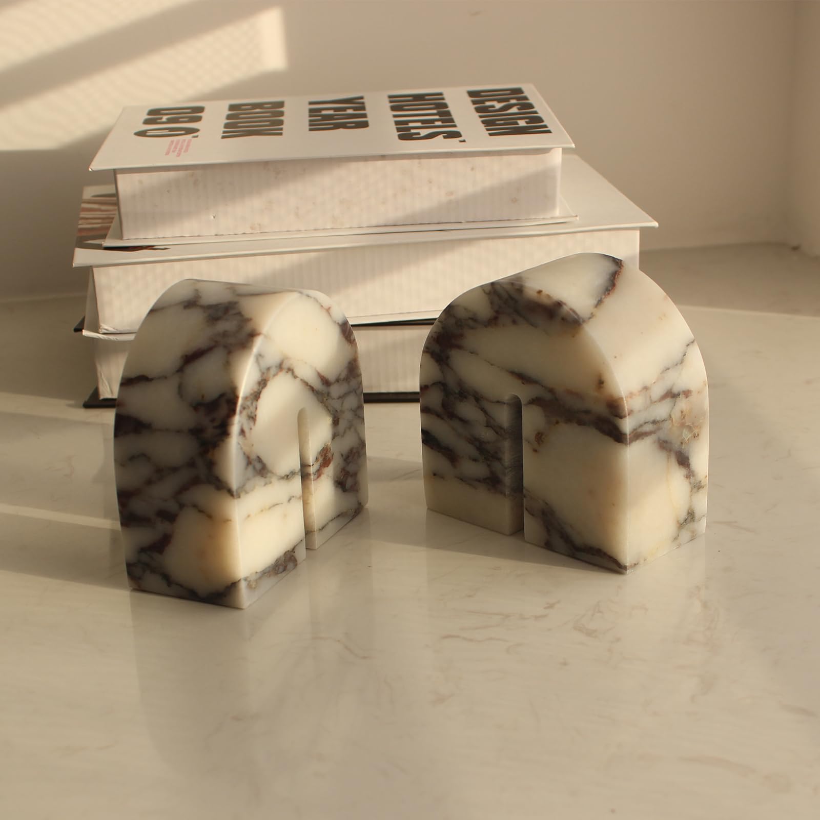 Set of 2 Natural Calacatta Viola Marble Bookends for Shelves, Decorative Book Ends for Heavy Books, Book Stopper Office Bookshel