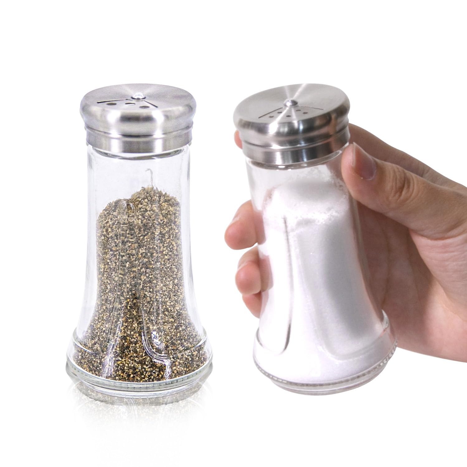 Salt & Pepper Shaker Set for Kitchen - 4 oz Clear Glass Salt & Pepper Shakers with Stainless Steel Lid, Adjustable Pour Holes, f