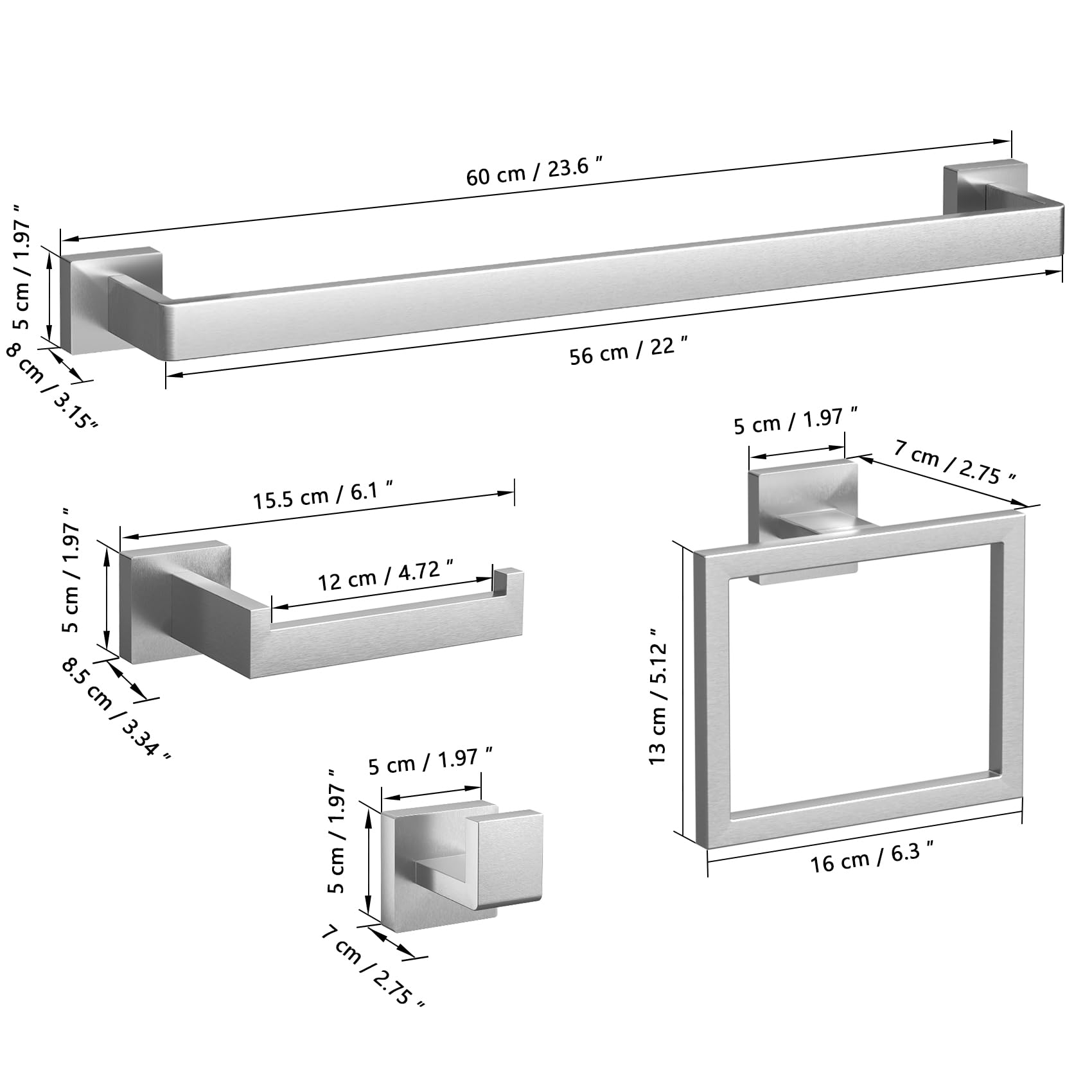 5-Pieces Brushed Nickel Bathroom Accessories Set, 23.6 Inch Bath Towel Bar Set, Stainless Steel Bathroom Hardware Set, Towel Rac