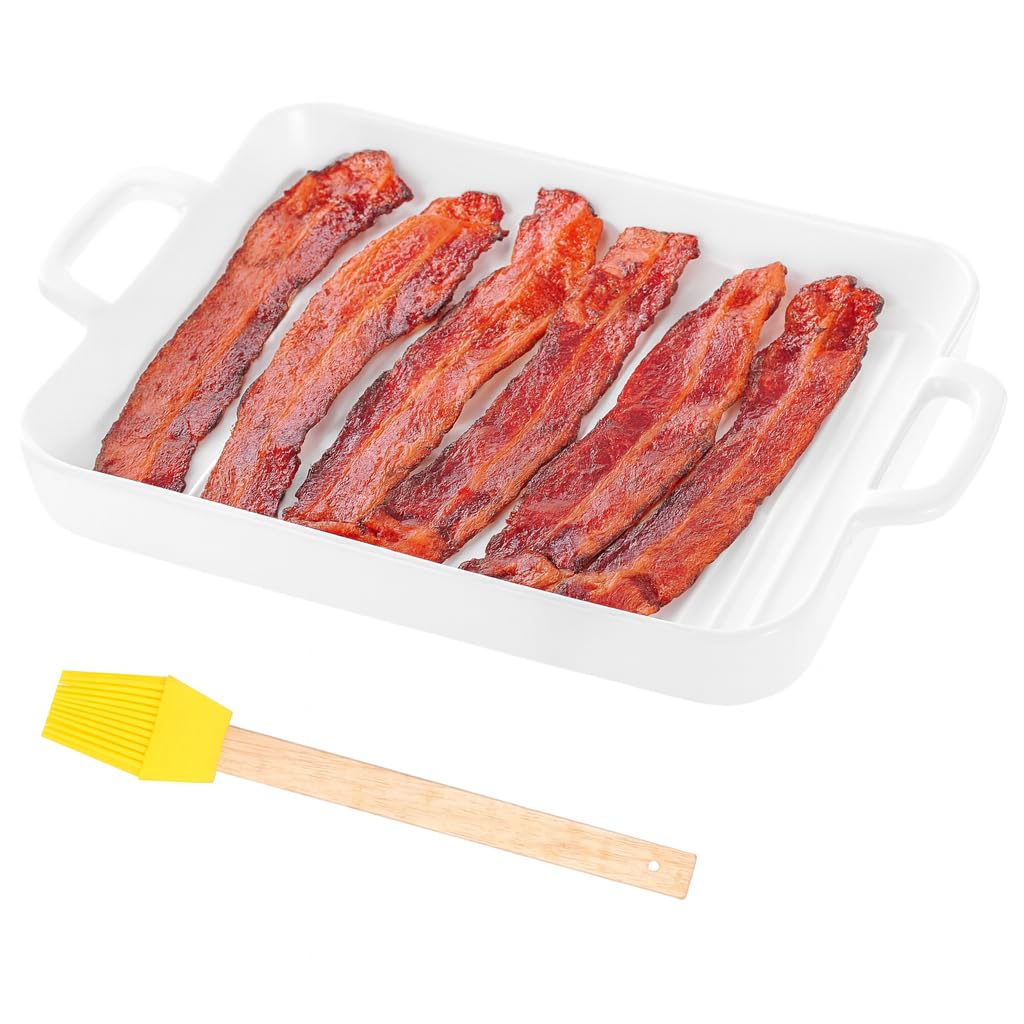 Microwave Bacon Cooker, Ceramic Microwave Bacon Tray with Dual Handles, MicrowaveSafe Baking Dish, Oven and Dishwasher Compatib