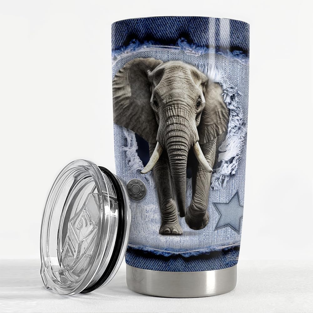 Sandjest Elephant Tumbler 20Oz Stainless Steel Insulated Tumblers Coffee Travel Mug Cup Jeans Drawing Style Elephants Gifts For
