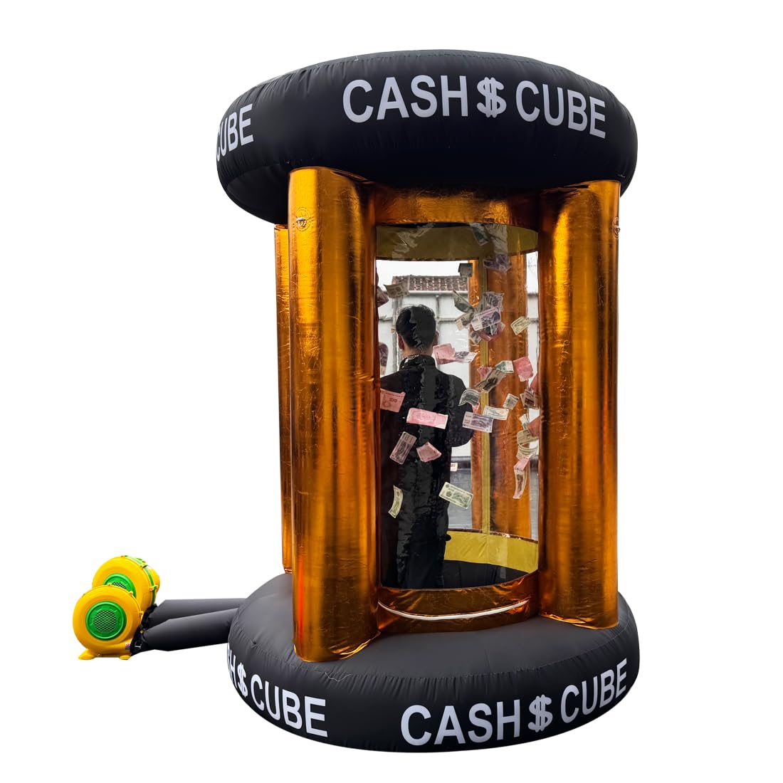 Gold Inflatable Cash Cube Booth Inflatable Cube Cash Grab Machine Fast Money Booth Money Grab Machine with 2 Blowers for Promoti