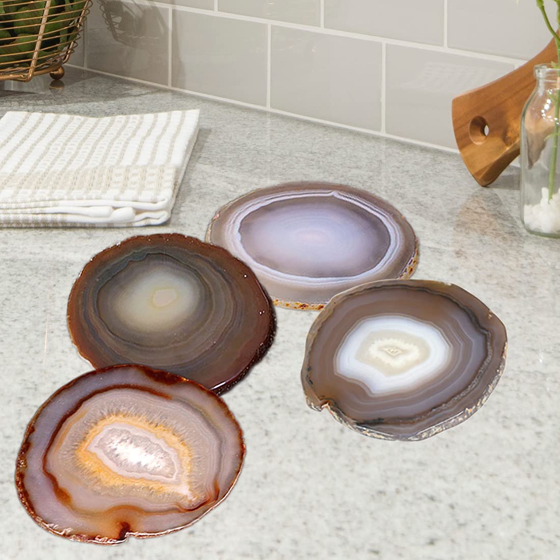 Amoystone Natural Geode Coasters Agate Stone Coasters For Drinks Crystal Quartz Coaster Set Of 4 Nature Borwn Rock Coasters 3-3.