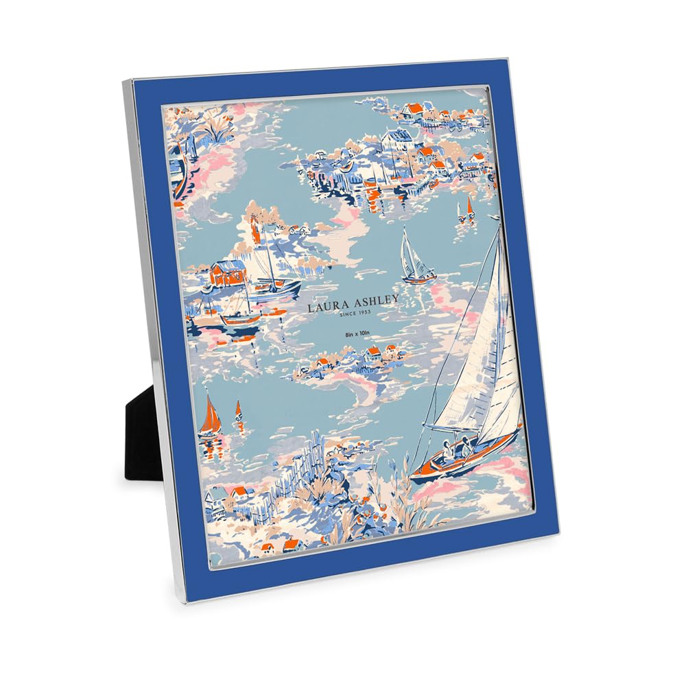 Laura Ashley 8x10 Riverside Blue Enamel Picture Frame, Silver Metal Edge with Easel, for Countertop, Tabletop Display, Bookshelf