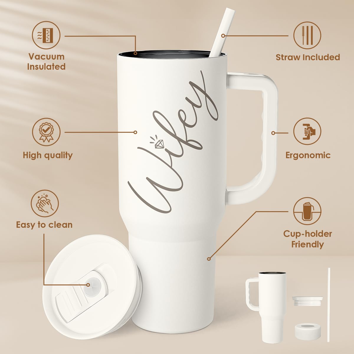 Gift for Wife from Husband - 40oz Insulated Stainless Steel Tumbler with Handle and Straw, Gifts for Anniversary, Birthday, Chri