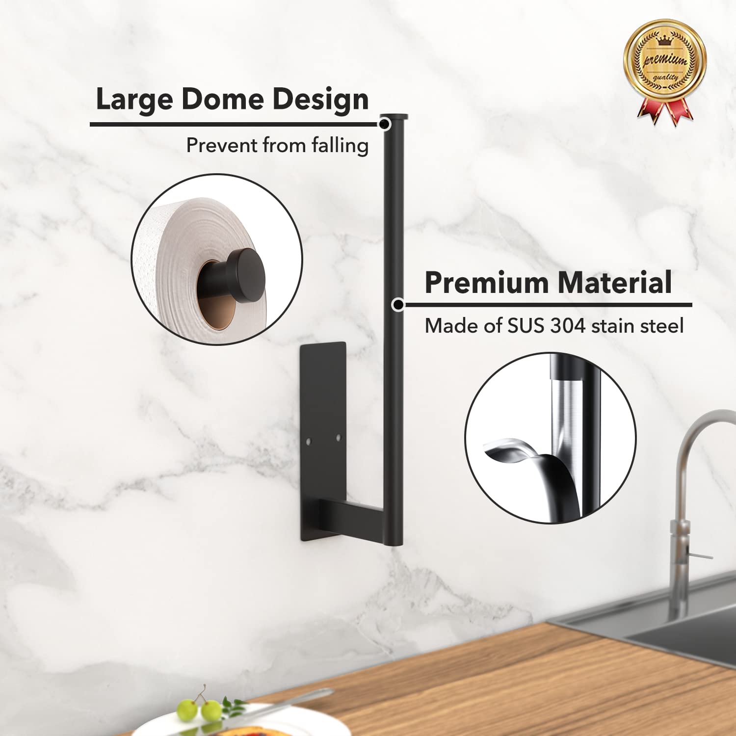 Paper Towel Holder Under Cabinet - Stainless Steel Paper Towel Holder Wall Mount, Self-Adhesive Or Drilling, Matte Black Towel R