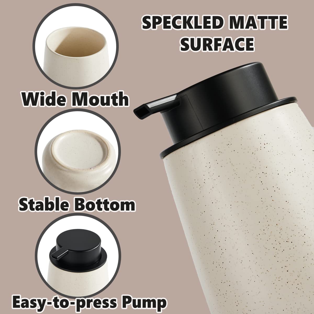12Oz Ceramic Liquid Soap Dispenser - Modern Lotion Hand Soap Dispenser with Easy-to-Press Black Pump  Reusable and Refillable Dish Soap Dispenser for Bathroom & Kitchen  Speckled Matte Beige