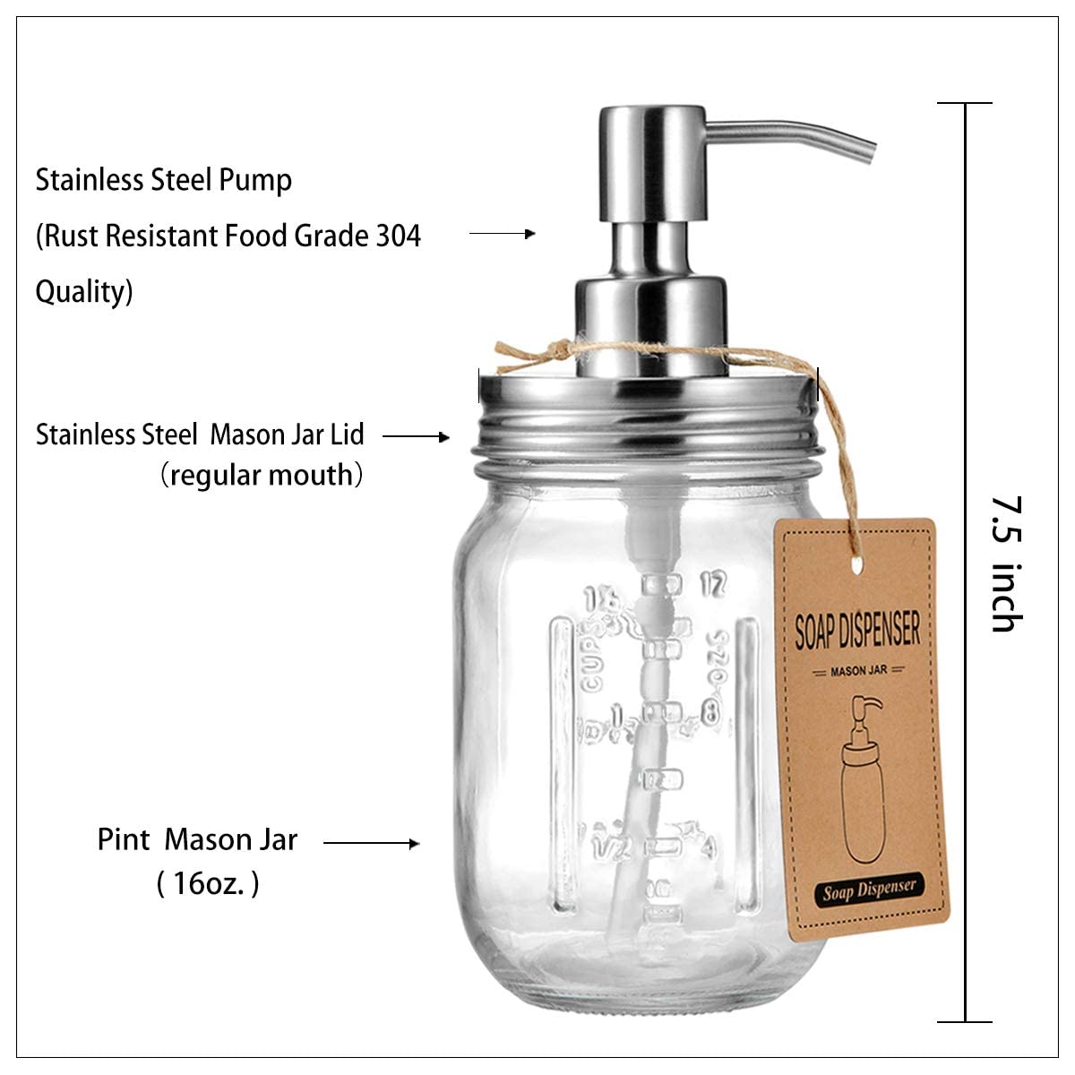 Mason Jar Soap Dispensers - Rustproof Stainless Steel Lid &Pump  Refillable Wash Hand Soap for Bathroom Kitchen-Ideal for Dish Soap Liquid Soap  Lotions Waterproof Stickers 16-Oz/Brushed Nickel