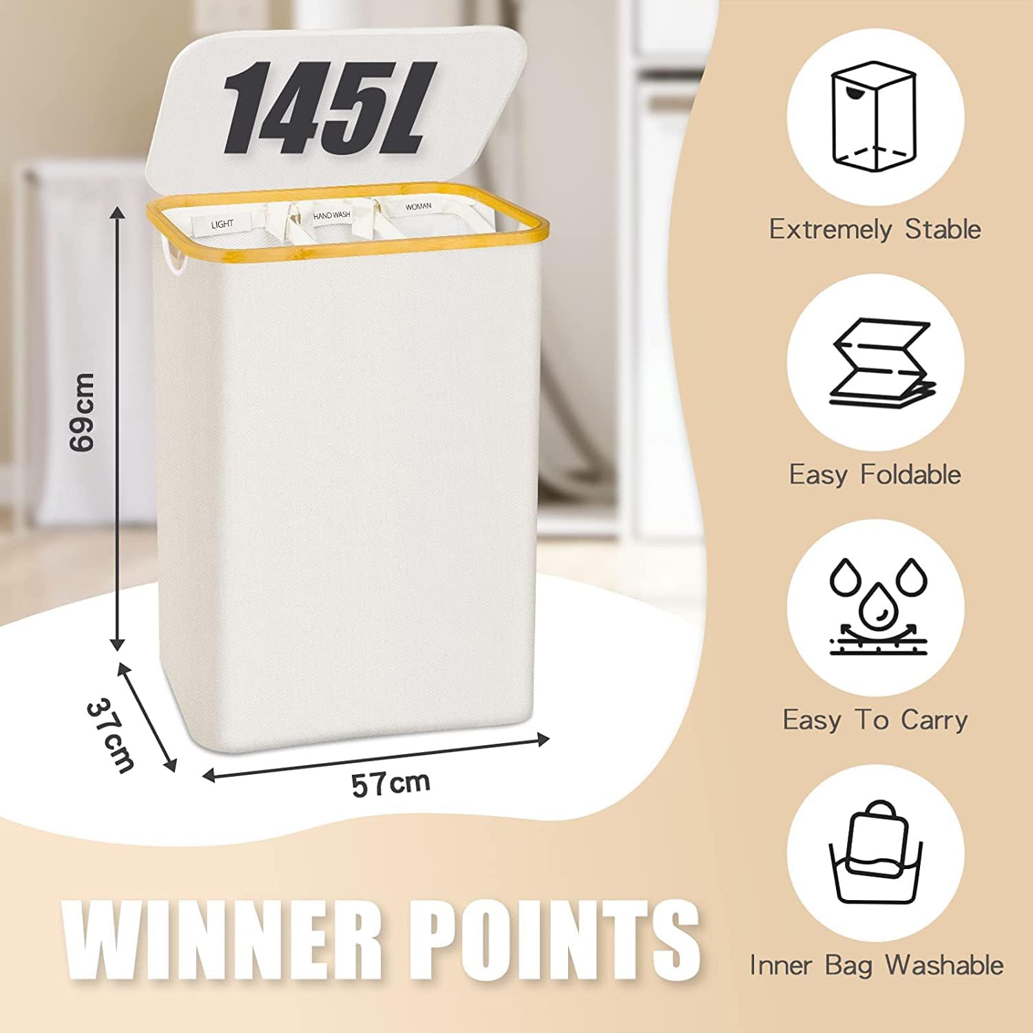 Laundry Basket with Lid  145L Extra Large Laundry Hamper 3 Section Dirty Clothes Hampers for Laundry Divided Laundry Basket Organizer for Bedroom Laundry Room Dirty Clothing Hamper Beige