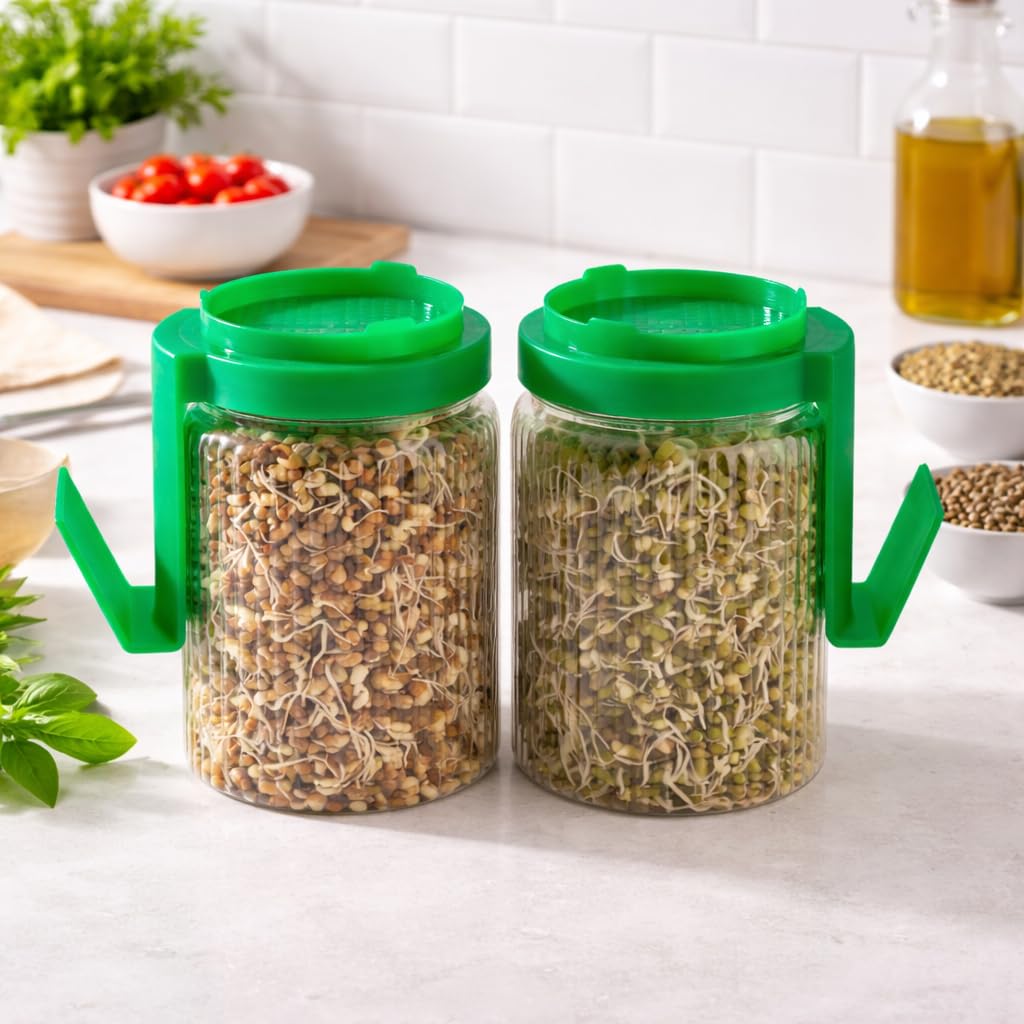 Homewiz Sprout Maker Jar | Set Of 2, 720 Ml Each Sprout Jar | Plastic Container With Mesh Lid & Green Cap For Sprouting Moong, C