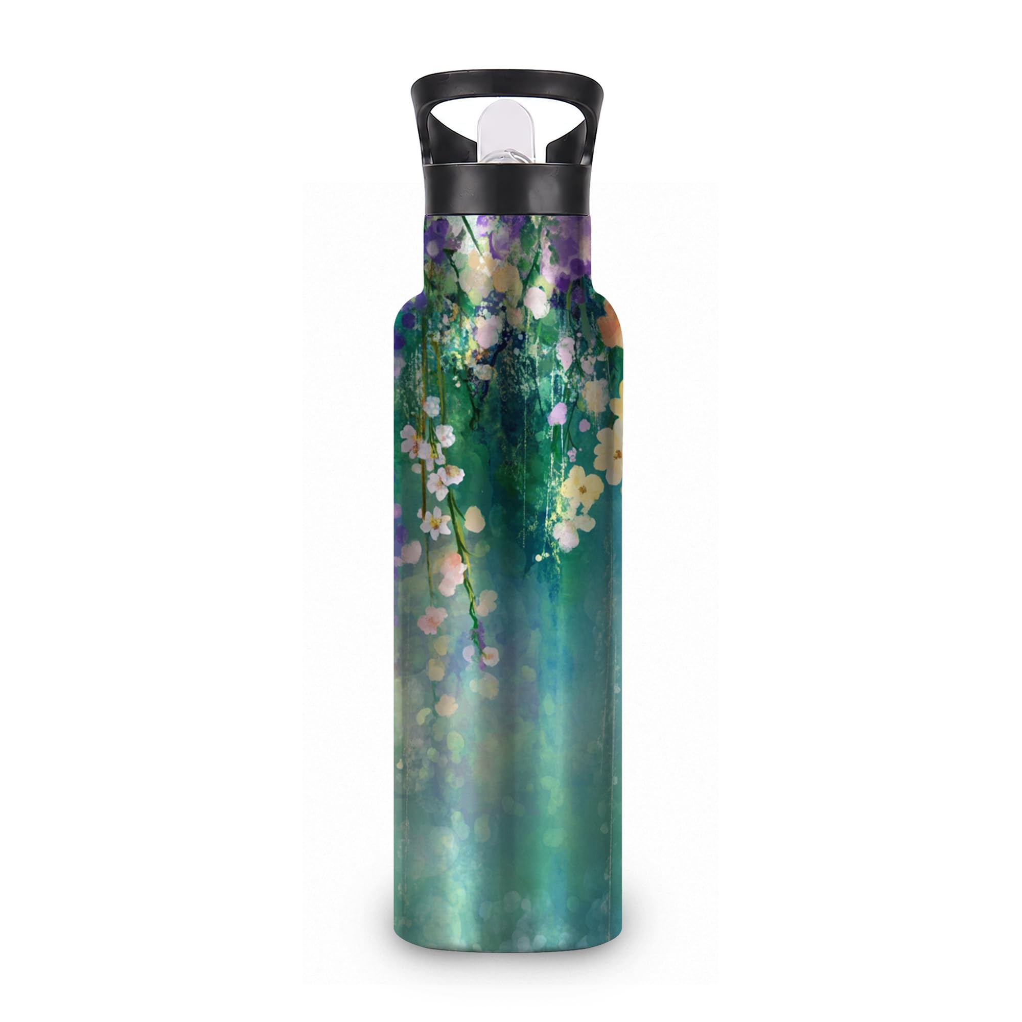 ICRICR Abstract Flowers Insulated Water Bottle with Straw 20 oz,Spring Floral Stainless Steel Leak Resistant Double Wall Water B