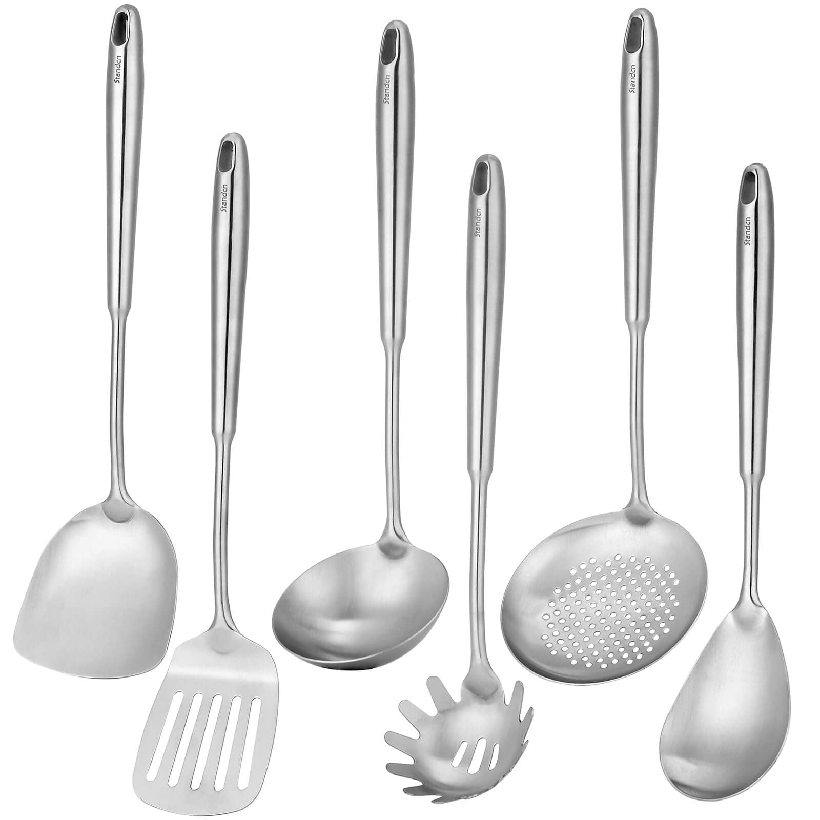 304 Stainless Steel Kitchen Utensils Set, 6 Pcs Metal Professional Cooking Spoons, Kitchen Tools - Wok Spatula, Ladle, Skimmer S