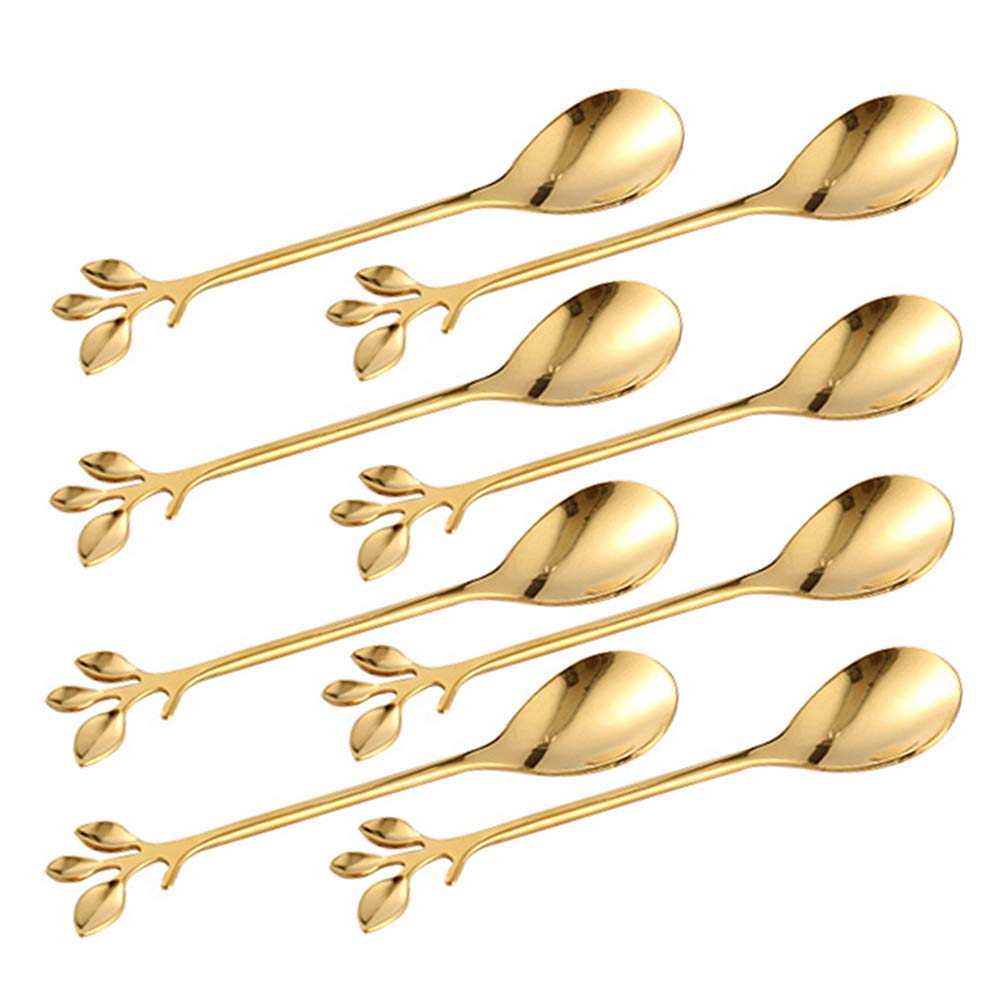 Turbokey Gold Leaf Coffee Spoon Set Of 8,Ice-Cream Tea Stirring Spoons 4.7 Inches Retro Dessert Demitasse Espresso Spoons Cutler