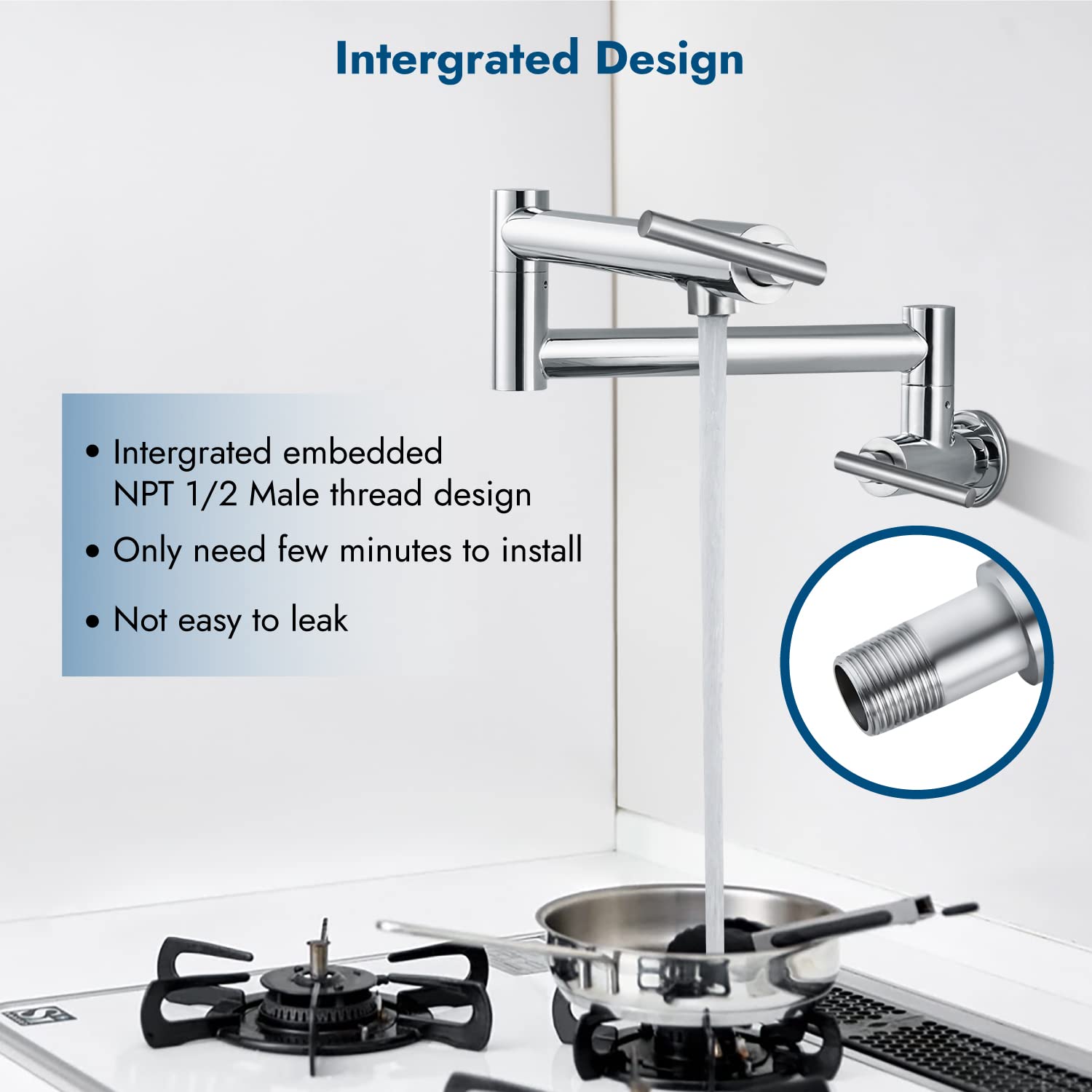 Cinwiny Pot Filler Wall Mounted Polish Chrome Kitchen Sink Faucet Stainless Steel Single Hole Double Handle Stretchable Commerci