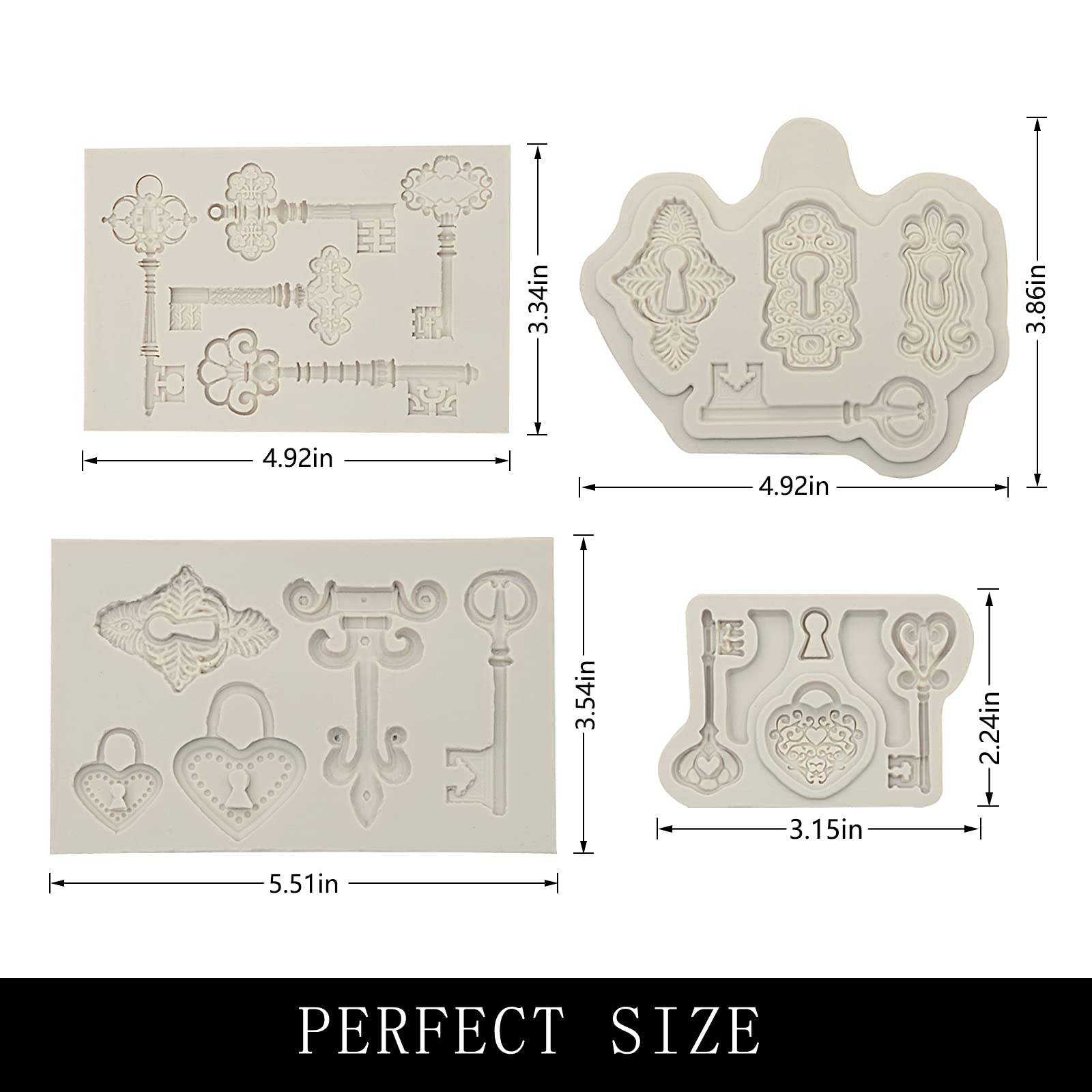 Vintage Key Fondant Molds (4 Pack), Lock Keyhole Silicone Chocolate Molds, Mini Love Keys For Birthday Cake Cupcake Decorating,