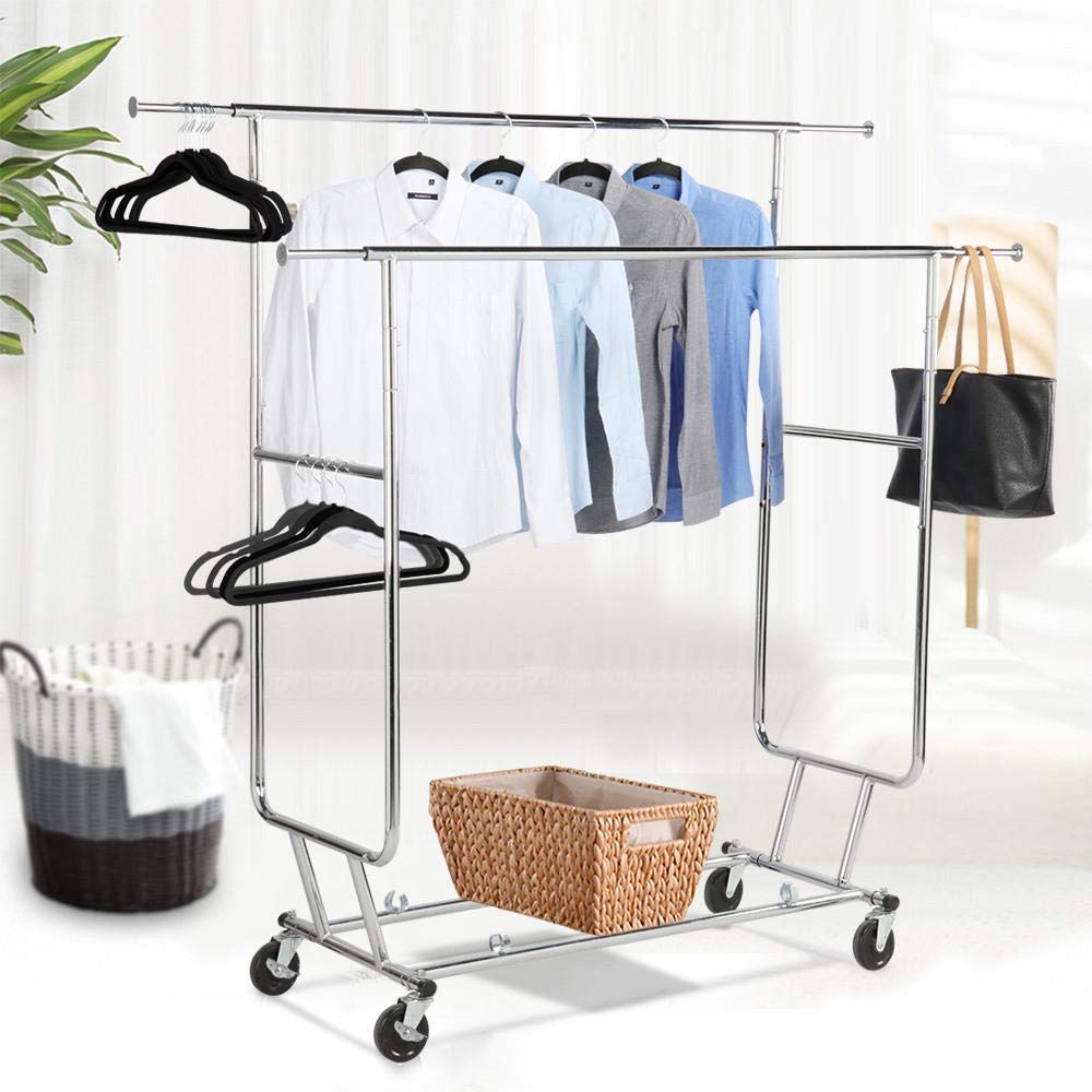 Yaheetech Commercial Clothing Garment Rack, Heavy Duty Double Rail Clothes Rack, Rolling Collapsible Rack Hanger Holder, Extenda