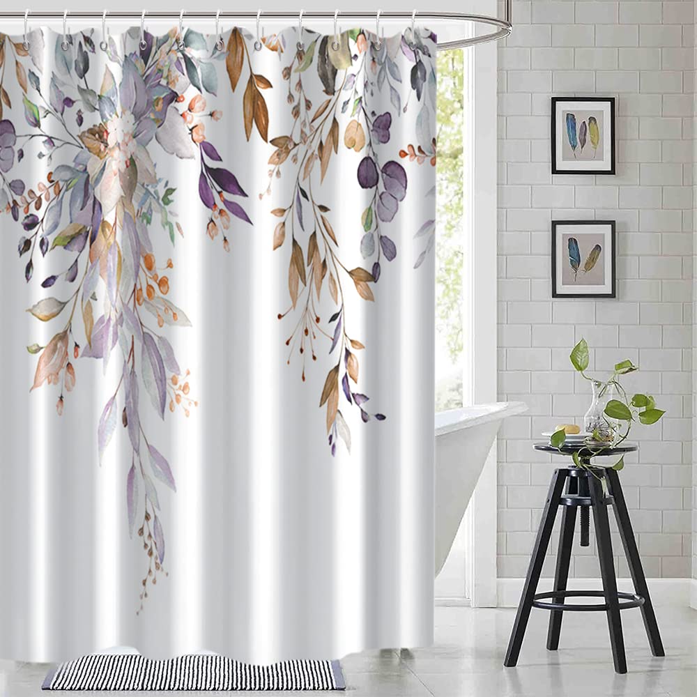 Ruelvth Purple Eucalyptus Shower Curtain, Spring Watercolor Plant Leaves With Floral Shower Curtain For Bathroom Waterproof Fabr
