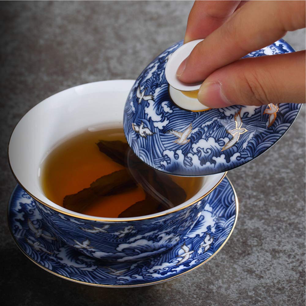 Woonsoon Jingdezhen Chinese Gaiwan Handmade 6Oz/170Ml China Blue And White Porcelain Gaiwan Kungfu Teacup Traditional Chinese Te