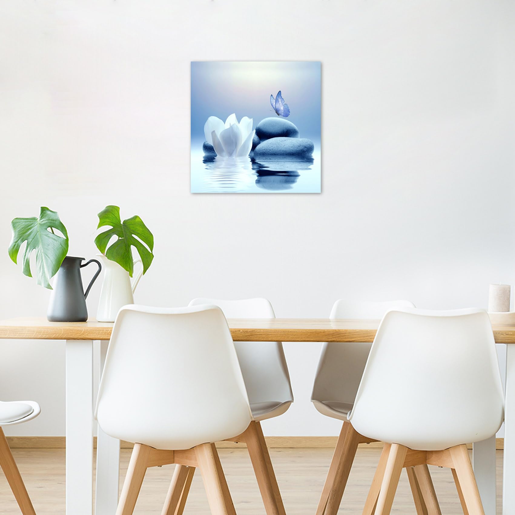 Eobtain Zen Canvas Wall Art Blue Floral And Butterfly On Stone Framed Wall Art For Bathroom Living Room Bedroom Modern Spiritual