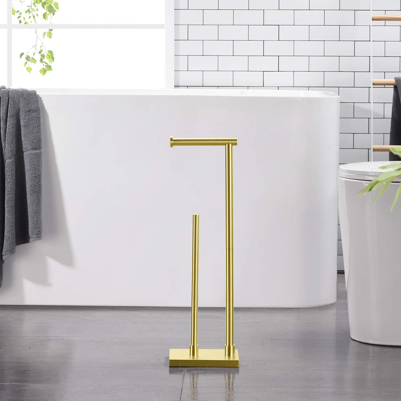 Hoooh Free Standing Toilet Paper Holder, Rustproof Stainless Steel Pedestal Lavatory Tissue Roll Holder Storage For 3 Rolls Of T