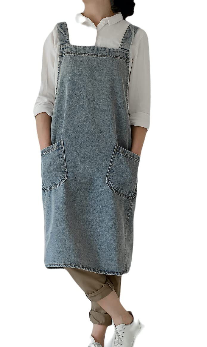 Jeelow Cotton Washed Denim Blue Jean Cooking Kitchen Garden Cross Back Apron For Men & Women Adjustable With Pockets Simplistic
