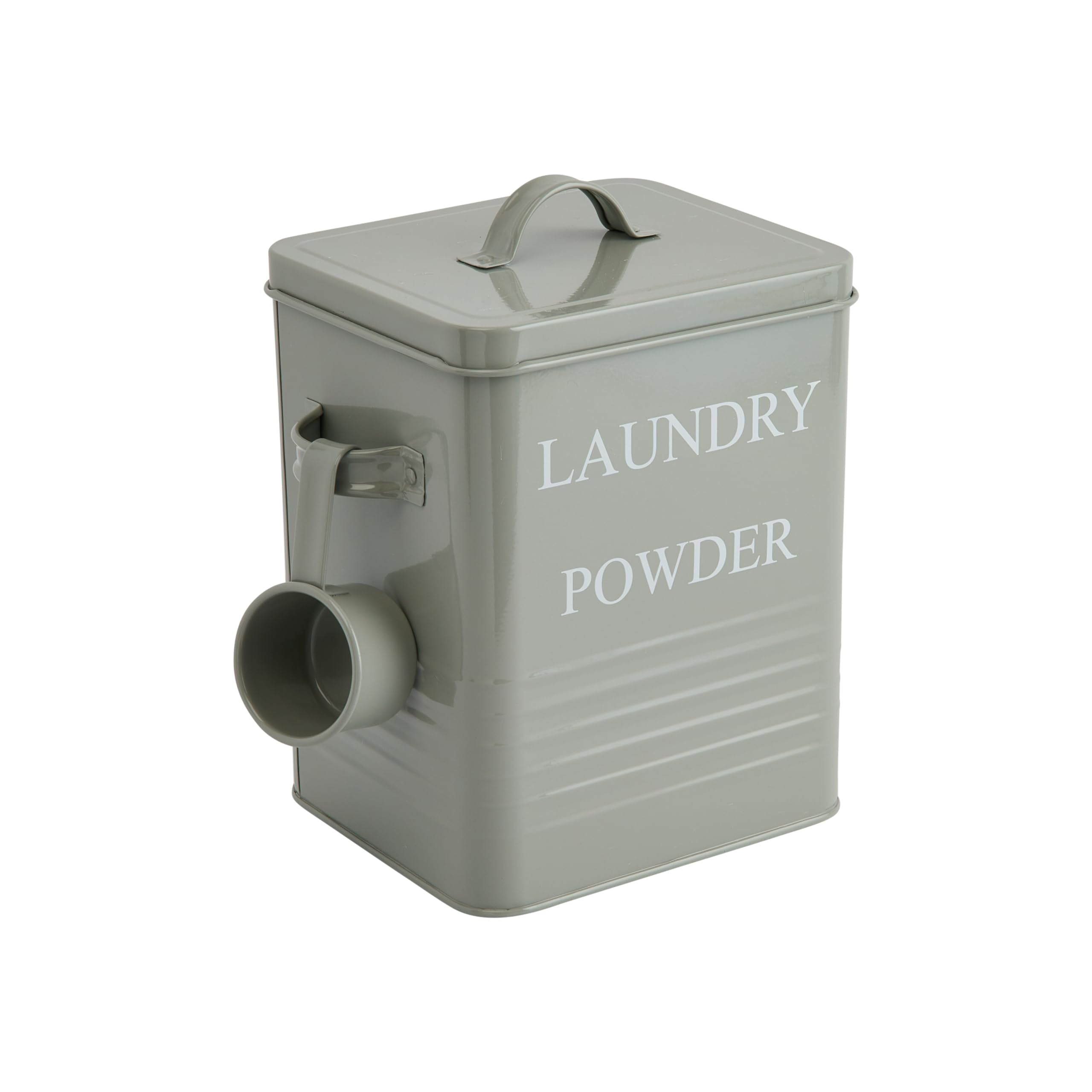 Bloomingville Farmhouse Metal Container with Laundry Powder Message, Lid, and Scoop, Grey