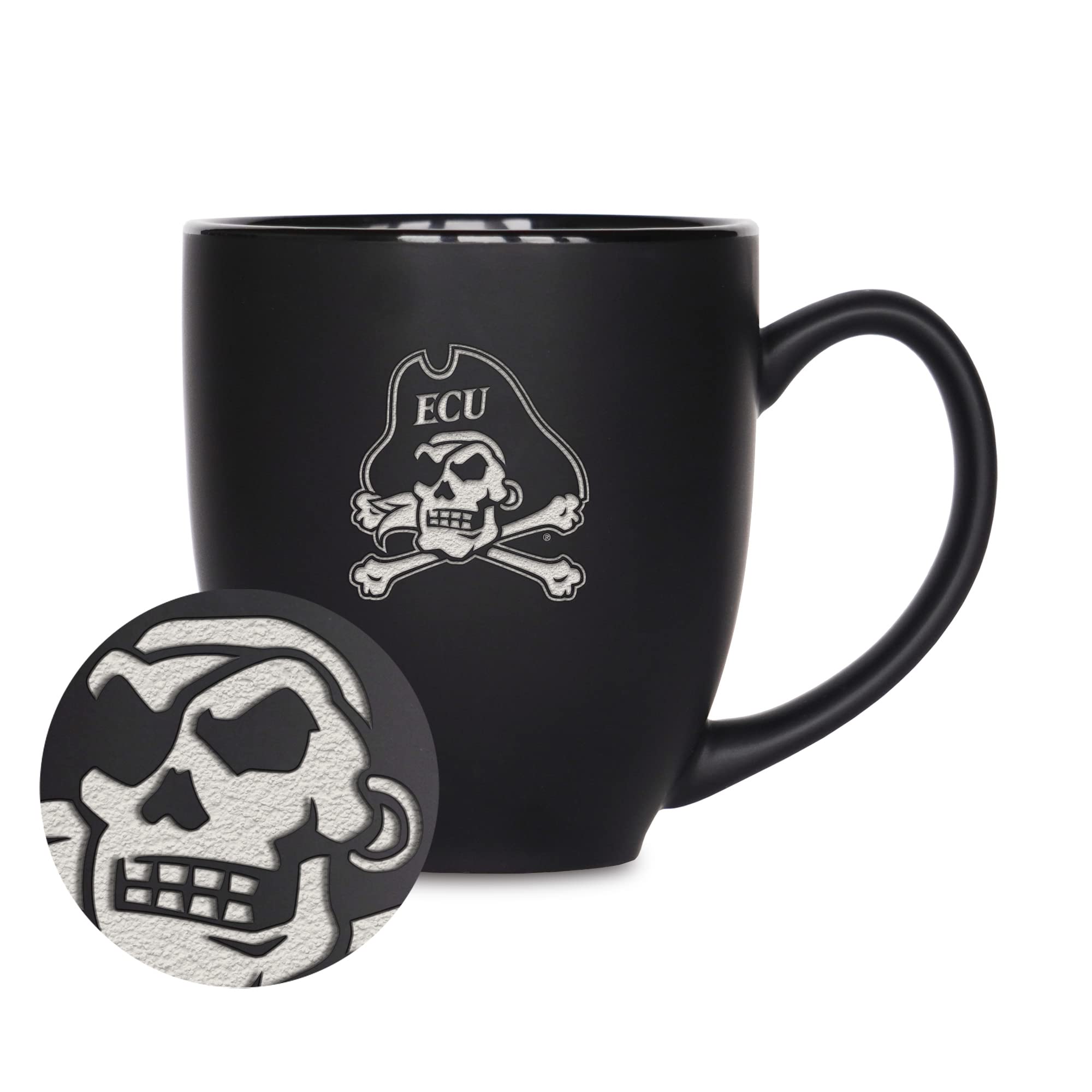 Rico Industries NCAA East Carolina Pirates Main 15oz Laser Engraved Matte Black Ceramic Bistro Mug - For Hot or Cold Drinks