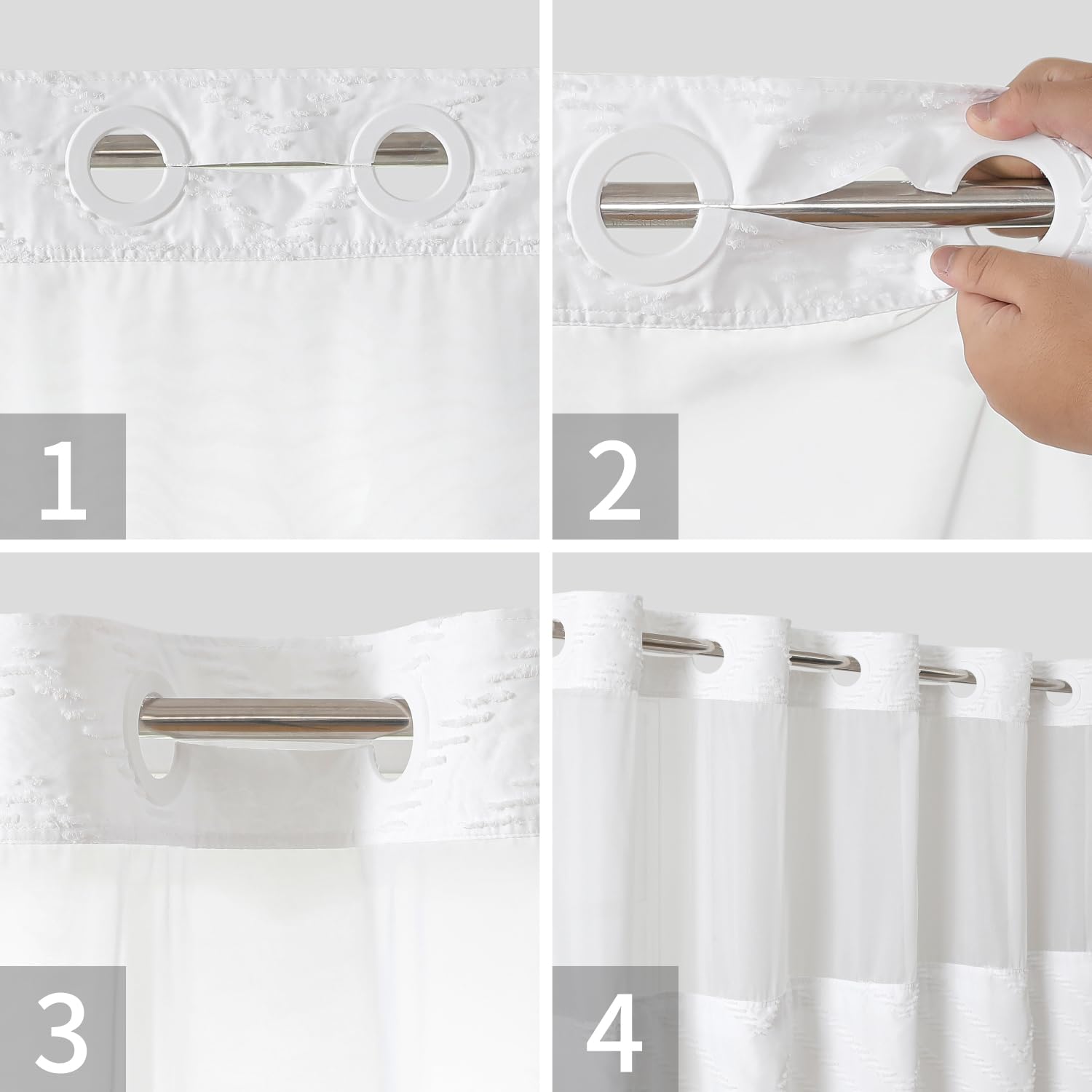 Eachope Extra Long No Hook Tufted Chevron Striped Shower Curtain With Snap-In Fabric Liner Set-71Wx86H(84H),White Hotel Grade Bo