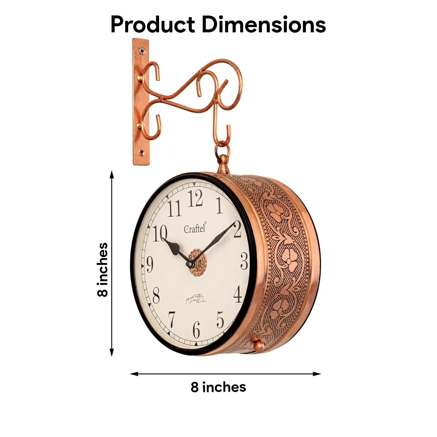 CRAFTEL Metal Analog Double Sided Vintage Station Wall Clock with Brass in dial (Dial - 8 Inches, Rose Gold)