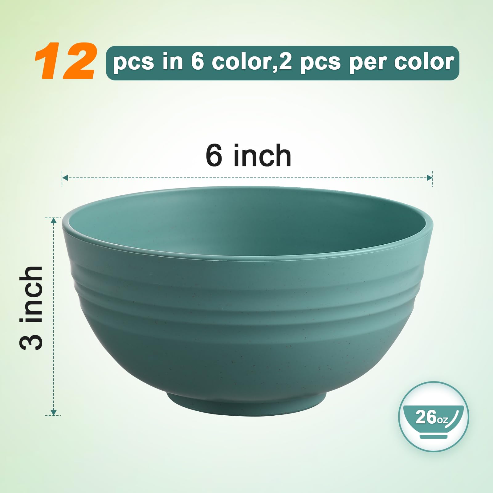 Heycome 12 Pcs Unbreakable Cereal Bowls Set, 26 Oz Wheat Straw Bowls Set, Microwave & Dishwasher Safe Bowls For Kitchen, Reusabl