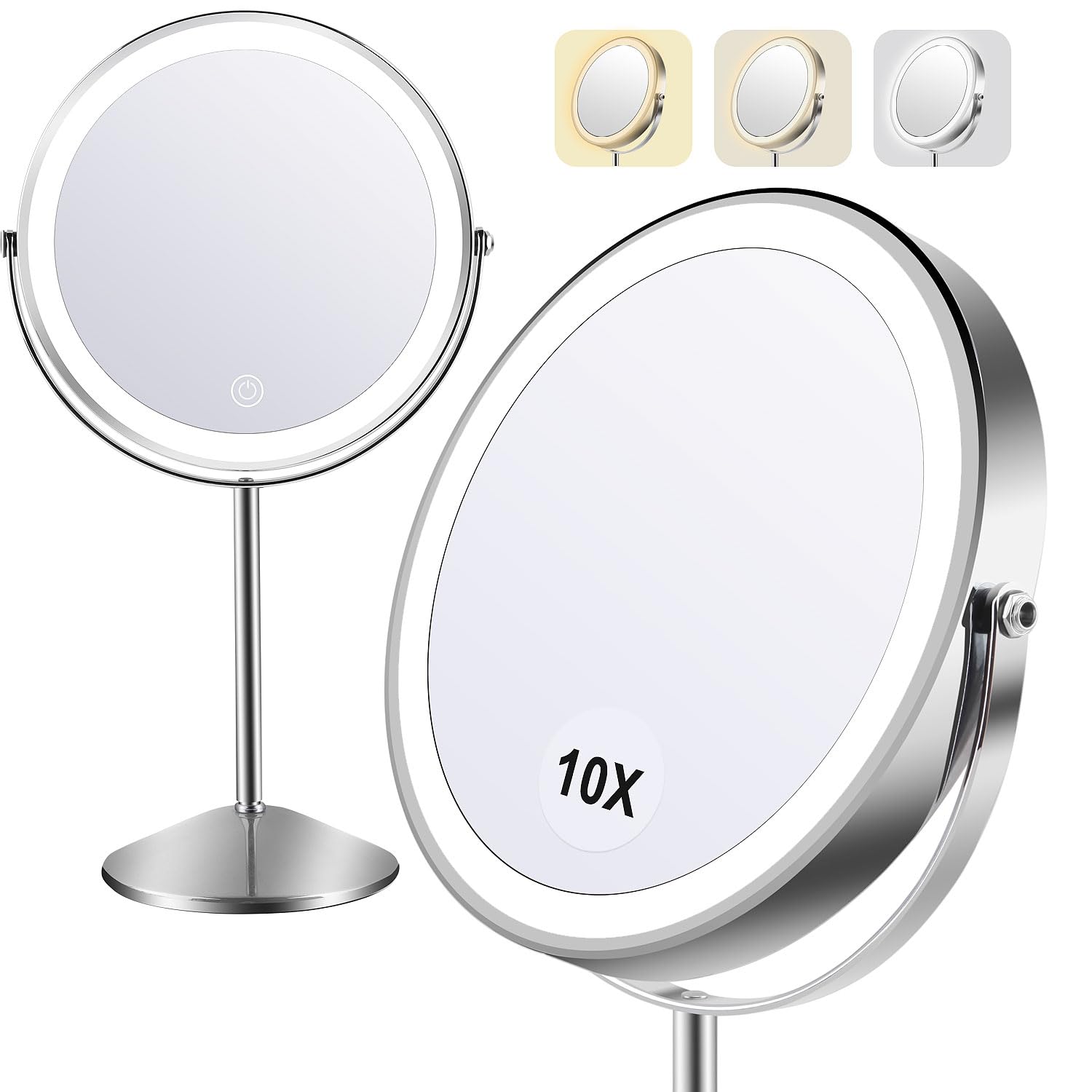 Flymiro Lighted Makeup Mirror,1x/10x Magnifying Vanity Mirror with Light,3000 mAh Rechargeable 2-Sided 8 Round Mirror,3 Colors B