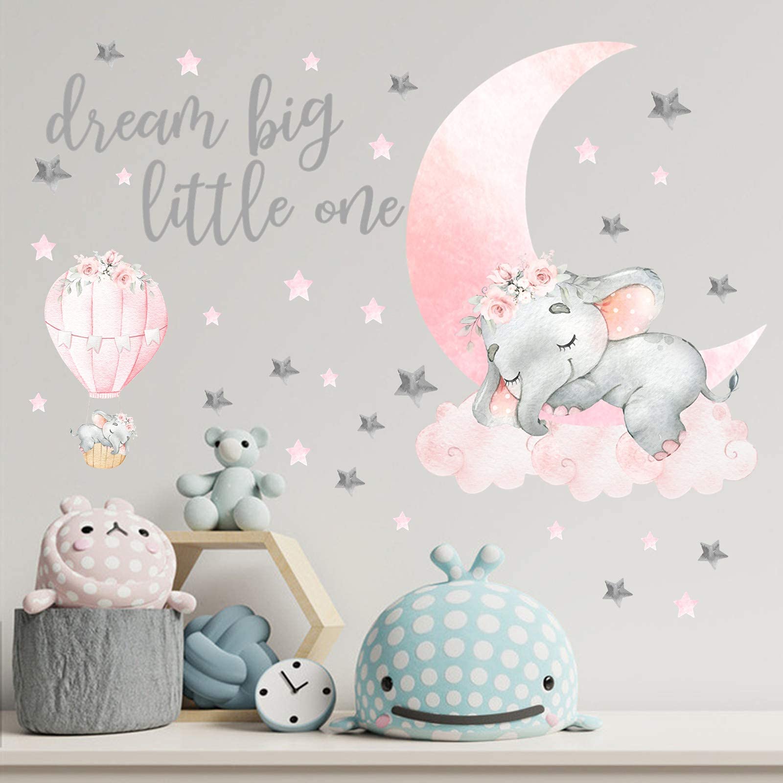 Yovkky Girls Sleeping Elephant Dream Big Little One Nursery Wall Decals Stickers, Watercolor Pink Moon Hot Air Balloon Grey Star