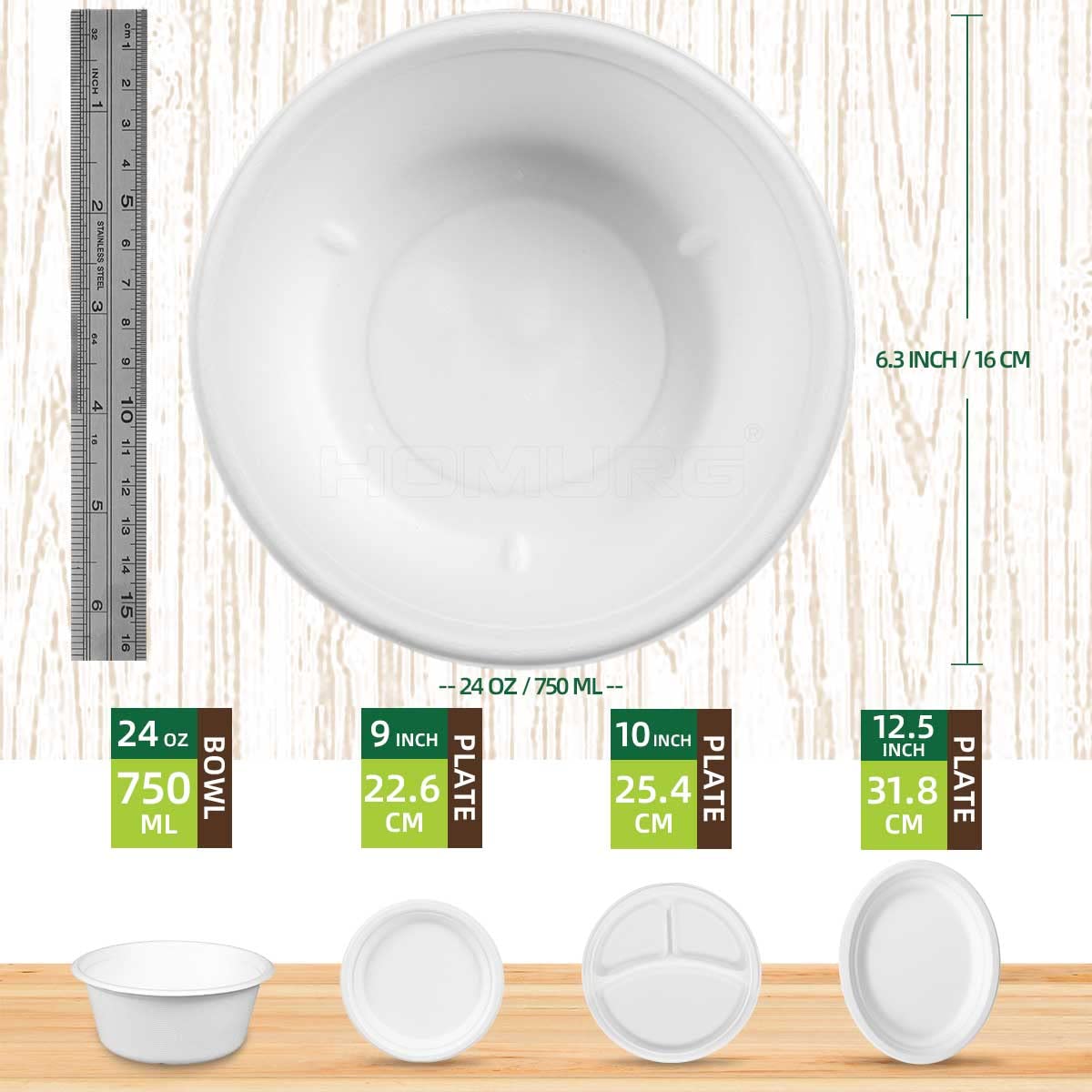 HOMURG Large Paper Bowls 24 oz Heavy Duty in Bulk 100 Count, White Biodegradable Disposable Soup Pasta Chili Bowls, Microwave Sa