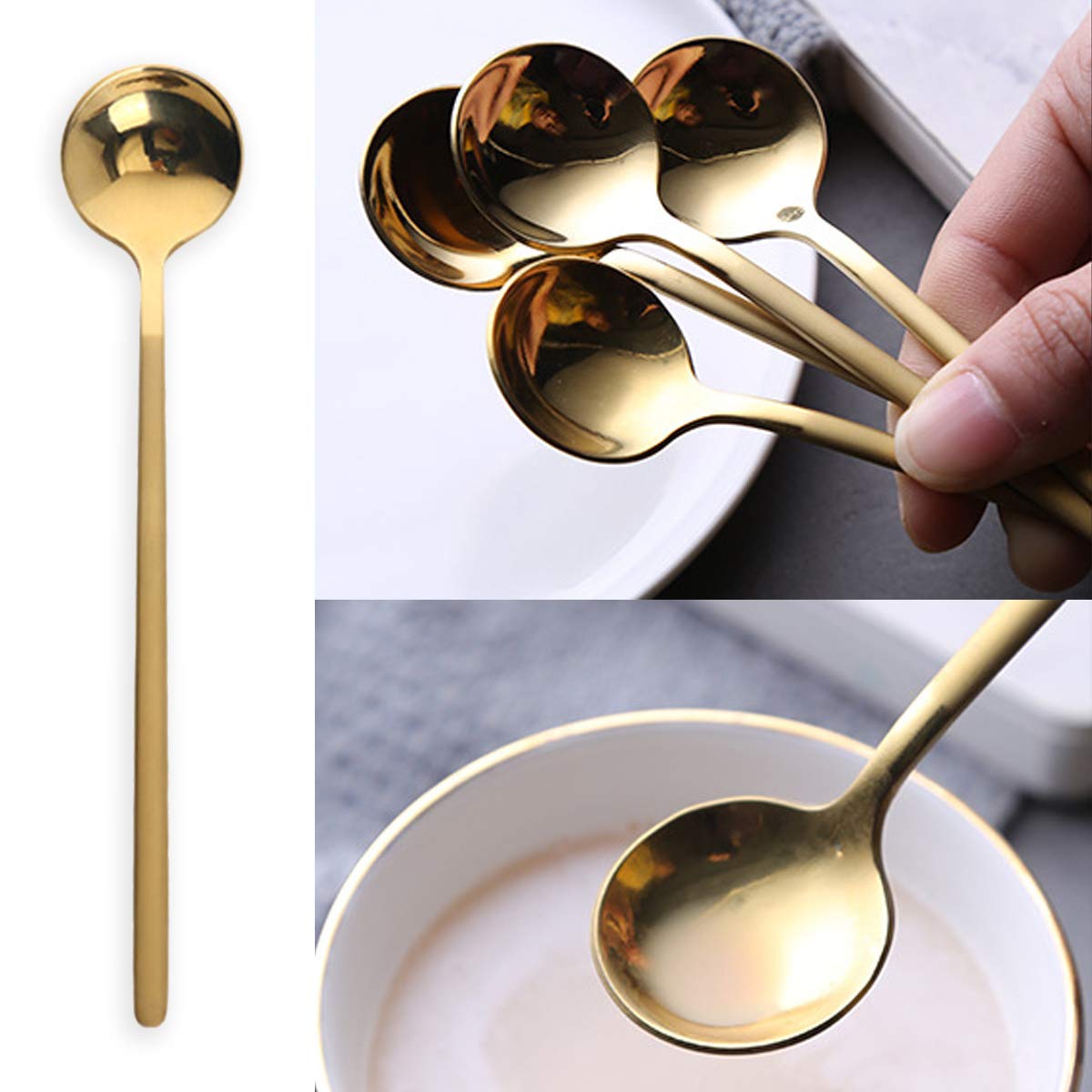 6 Pcs Coffee Spoons Stainless Steel Tea Spoons Round Dessert Spoons Long Handle Spoons For Hot Chocolate Ice Tea Latte Dessert E