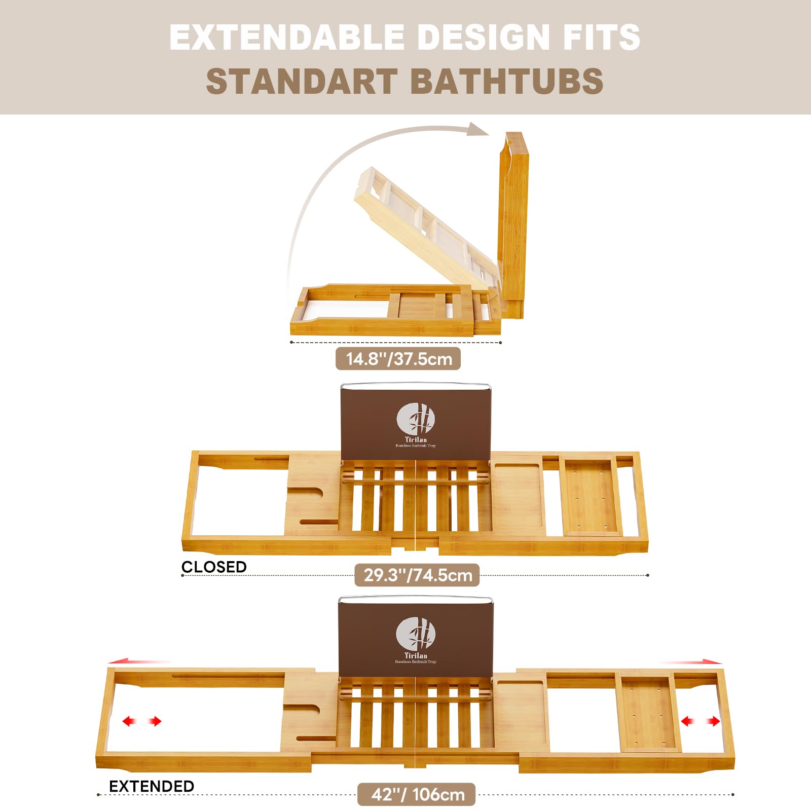 Yirilan Bamboo Bathtub Tray Caddy, Expandable Wooden Bathroom Tray, Luxury Bamboo Bathtub Tray, Bath Tub Table Caddy, Bamboo